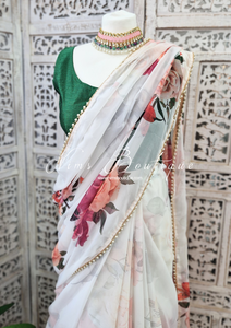White Floral Print Sari Pearl Edging