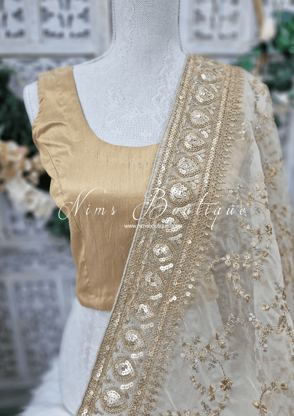 Nims Boutique Mahi Luxury Light Gold Organza Embroidered Dupatta/Chunni