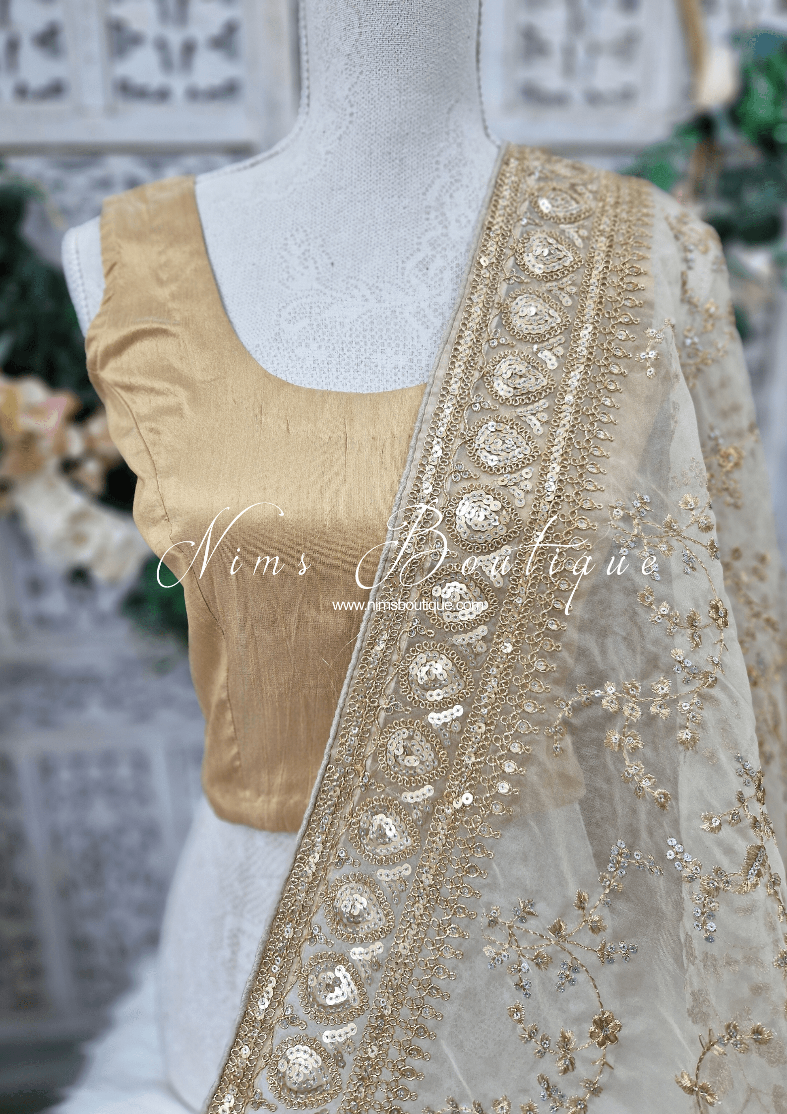 Nims Boutique Mahi Luxury Light Gold Organza Embroidered Dupatta/Chunni