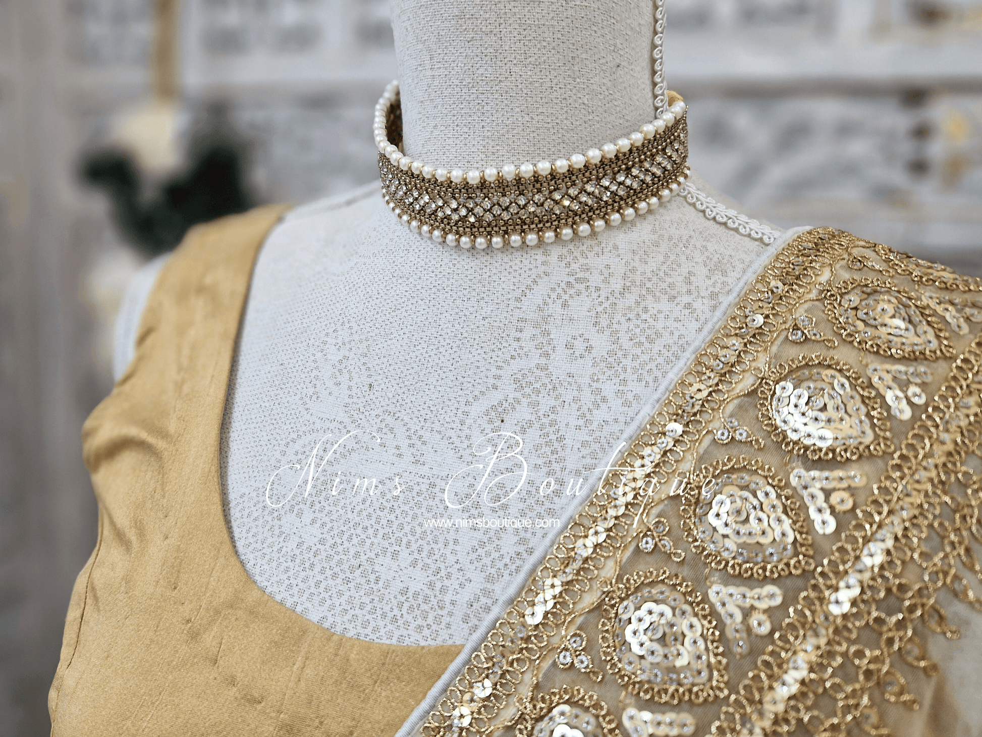 Nims Boutique Celina Pearl & Antique Gold Choker with Clear Stone