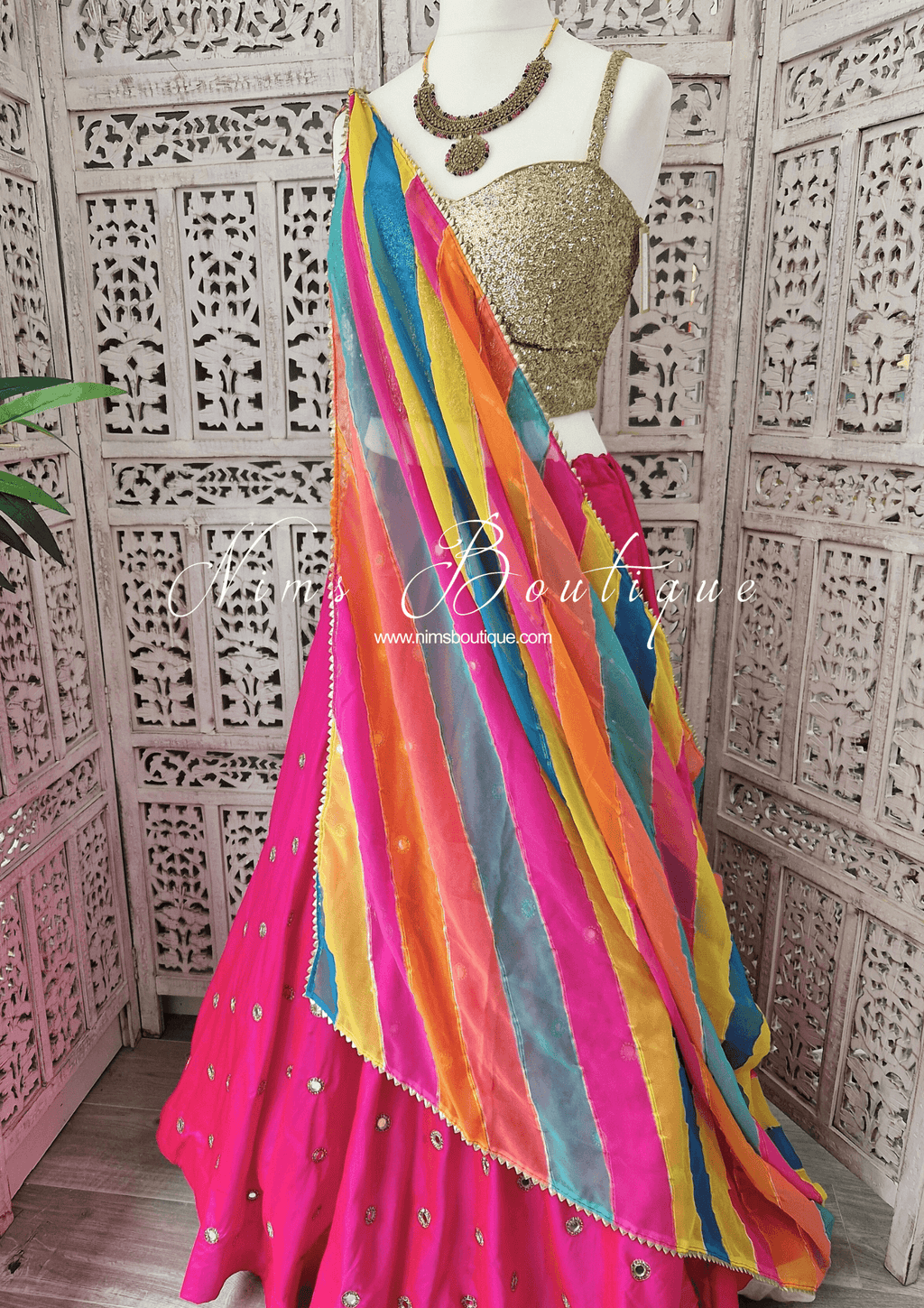Nims Boutique Rani Luxury Hot Pink Mirror readymade skirt/lehnga sizes 4-22
