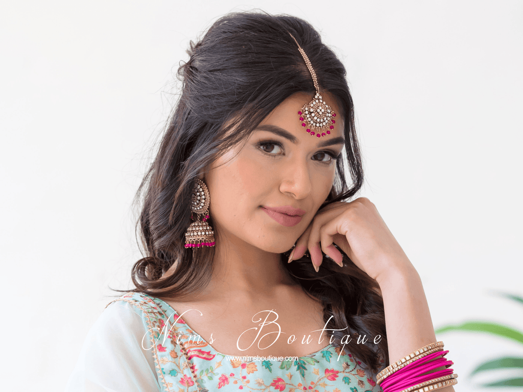 Nims Boutique Royal Antique Gold & Hot Pink Tikka Set