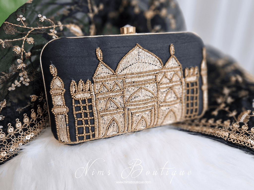 Nims Boutique Taj Black Raw Silk Clutch Bag