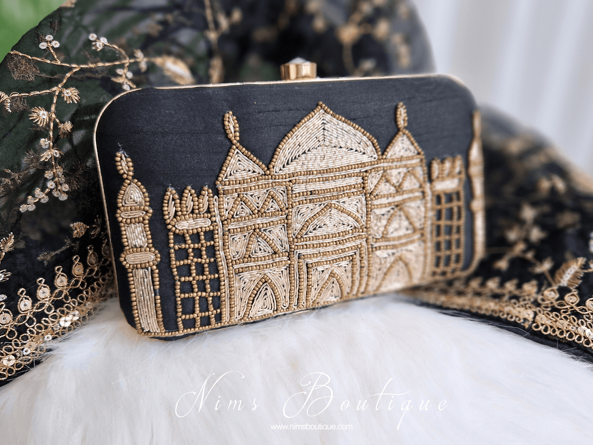 Nims Boutique Taj Black Raw Silk Clutch Bag