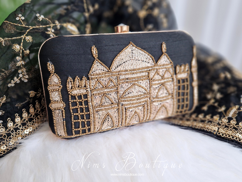 Taj Black Raw Silk Clutch Bag