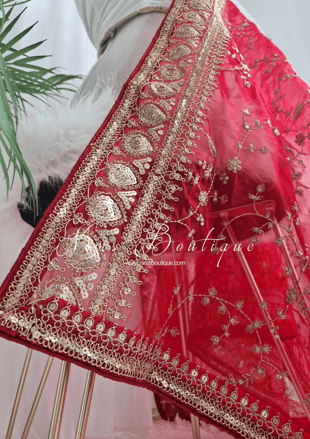 Nims Boutique Mahi Luxury Red Organza Embroidered Dupatta/Chunni
