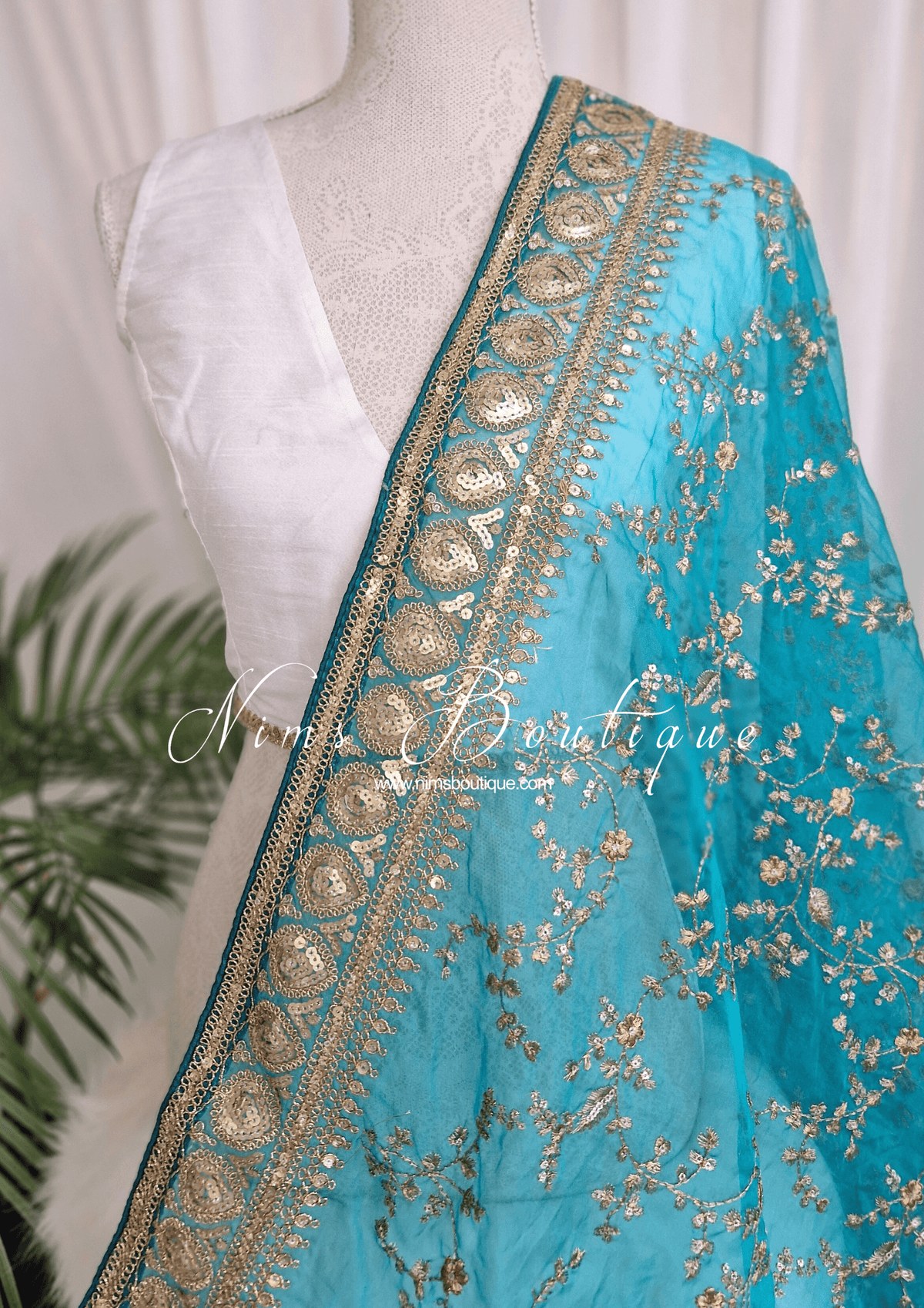 Nims Boutique Mahi Luxury Bright Teal Organza Embroidered Dupatta/Chunni