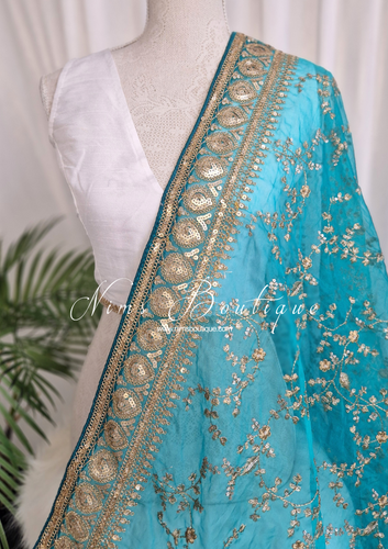 Mahi Luxury Bright Teal Organza Embroidered Dupatta/Chunni