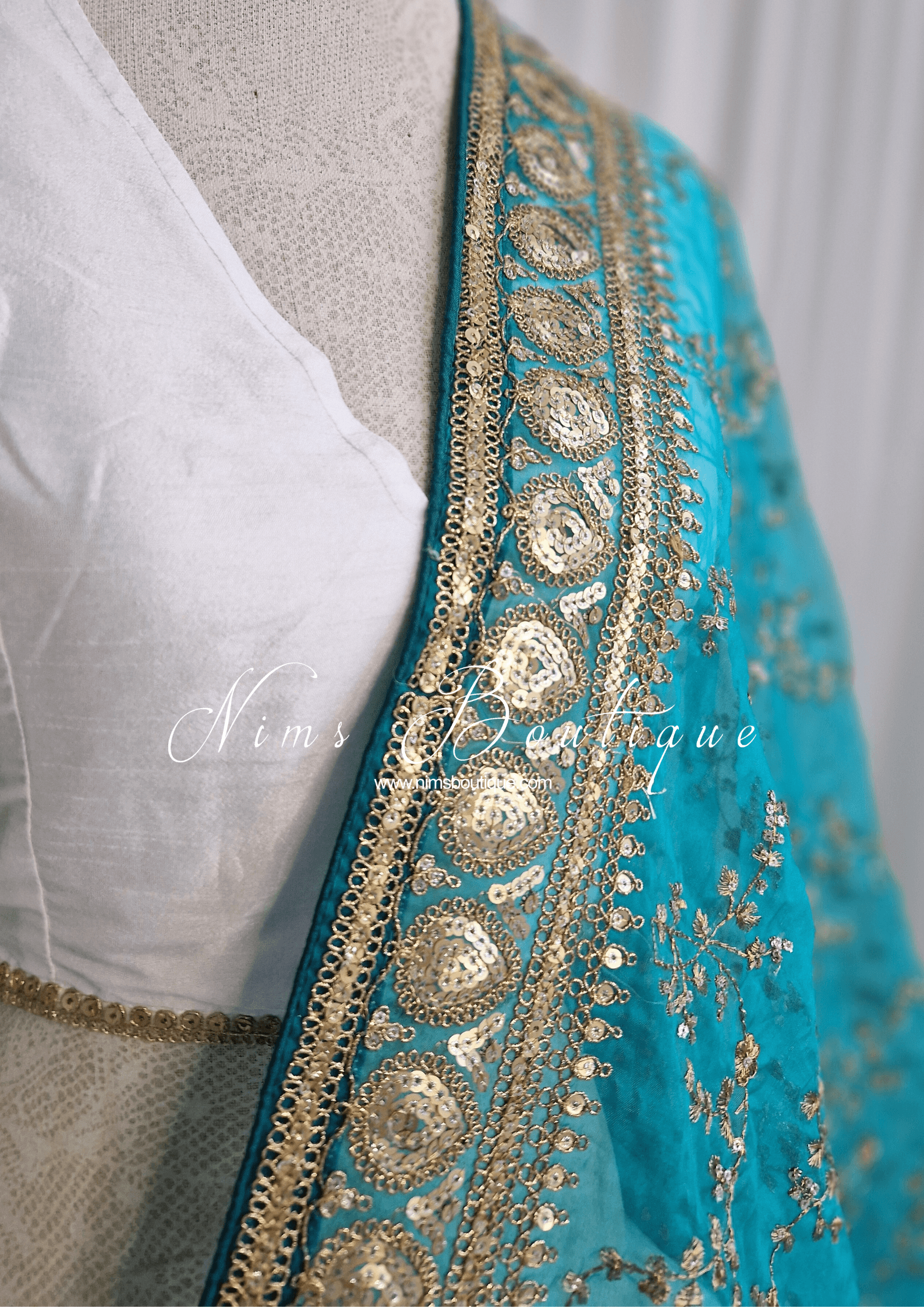 Nims Boutique Mahi Luxury Bright Teal Organza Embroidered Dupatta/Chunni