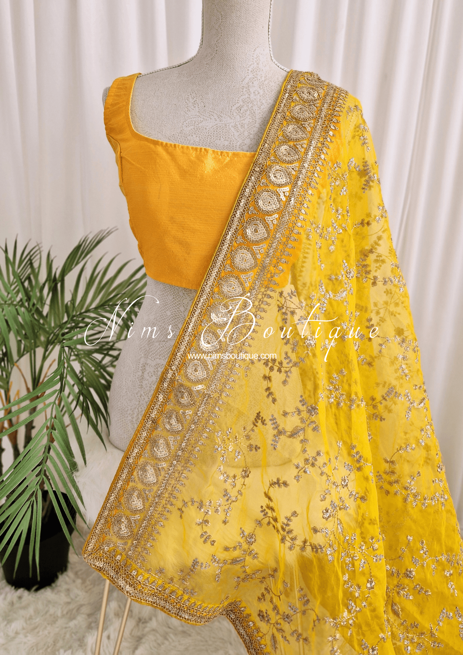 Nims Boutique Mahi Luxury Deep Yellow Organza Embroidered Dupatta/Chunni