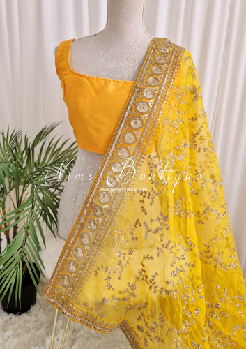 Mahi Luxury Deep Yellow Organza Embroidered Dupatta/Chunni