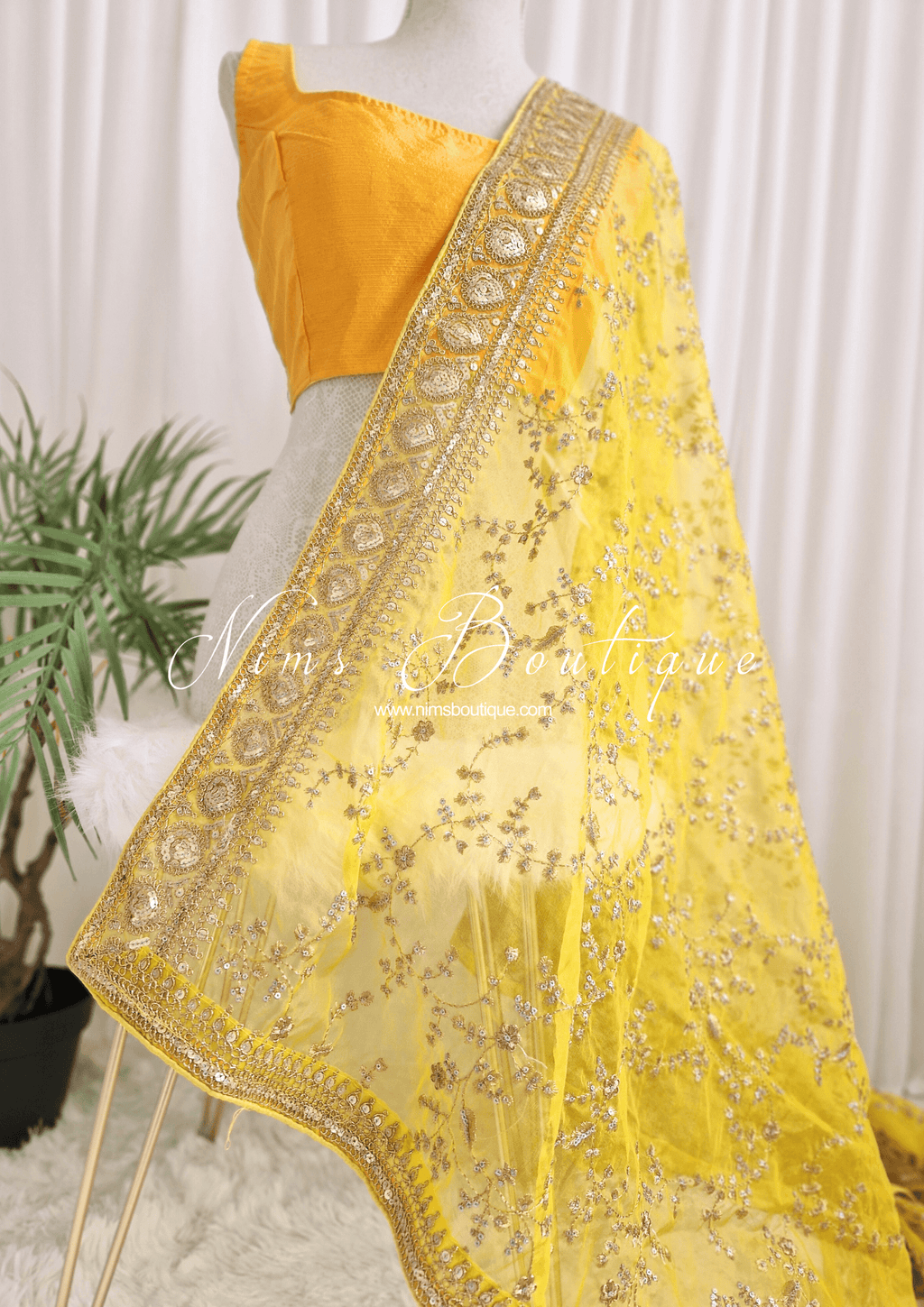 Nims Boutique Mahi Luxury Light Yellow Organza Embroidered Dupatta/Chunni