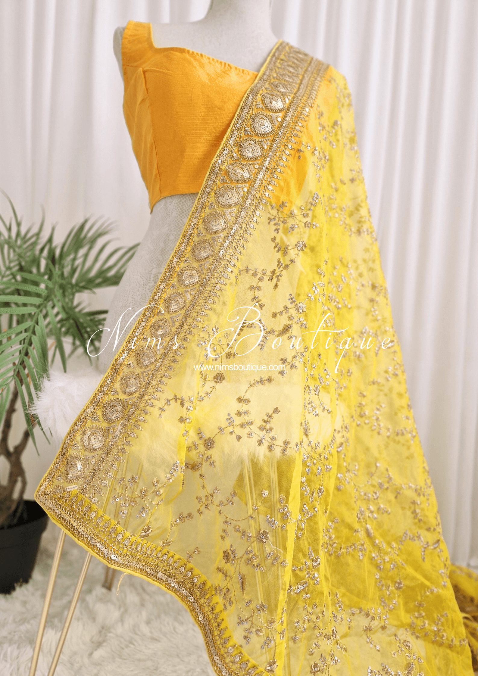Nims Boutique Mahi Luxury Light Yellow Organza Embroidered Dupatta/Chunni