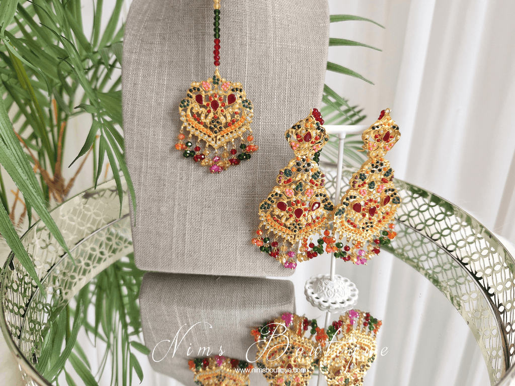 Nims Boutique Neena Multicolour & Gold Earrings & Tikka Set