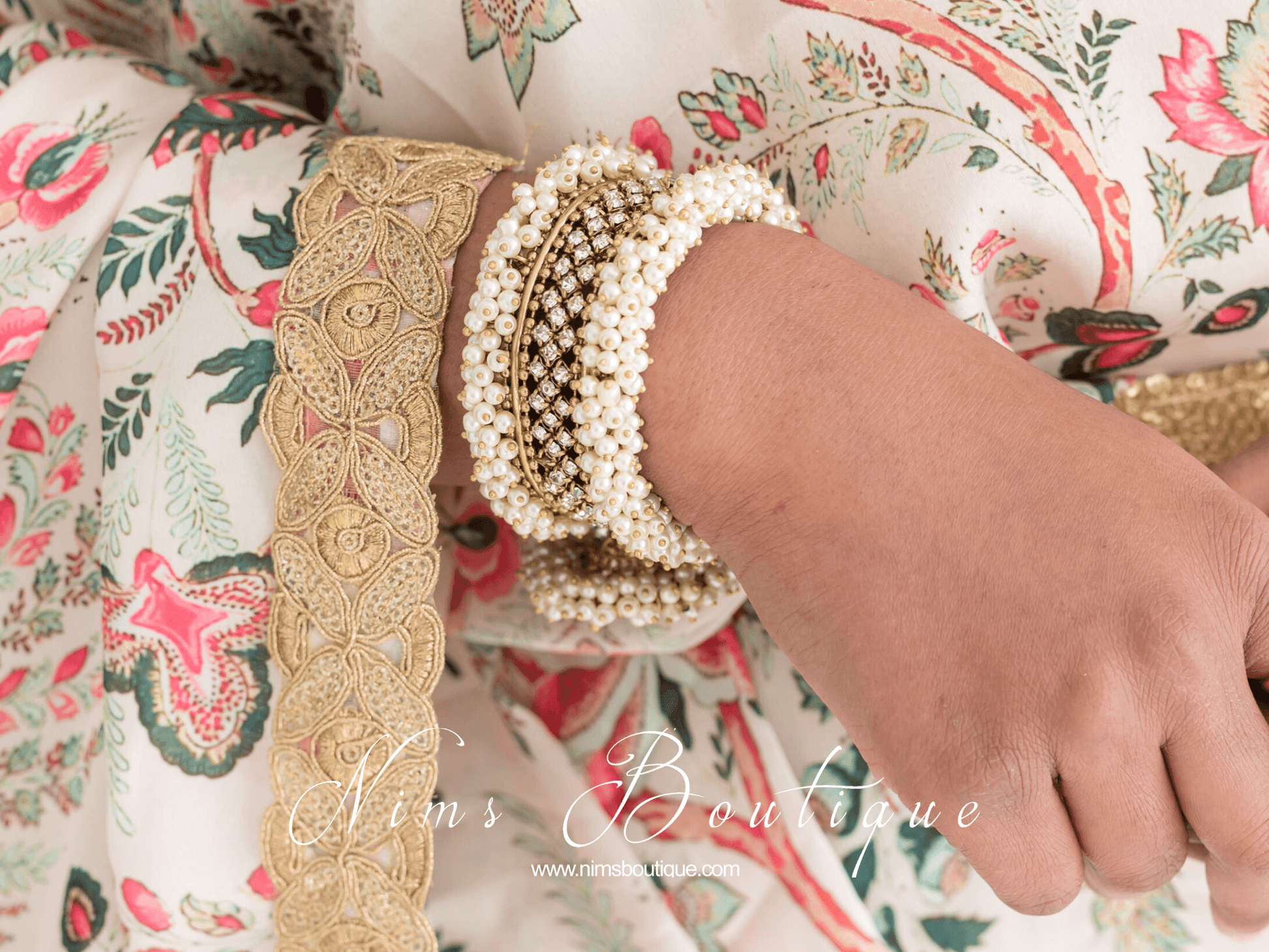 Nims Boutique Royal Pearl Cluster Bracelet with hanging chumka
