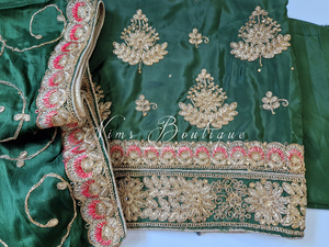 Luxury Unstitched Dark Green & Coral Embroidered Silk Suit