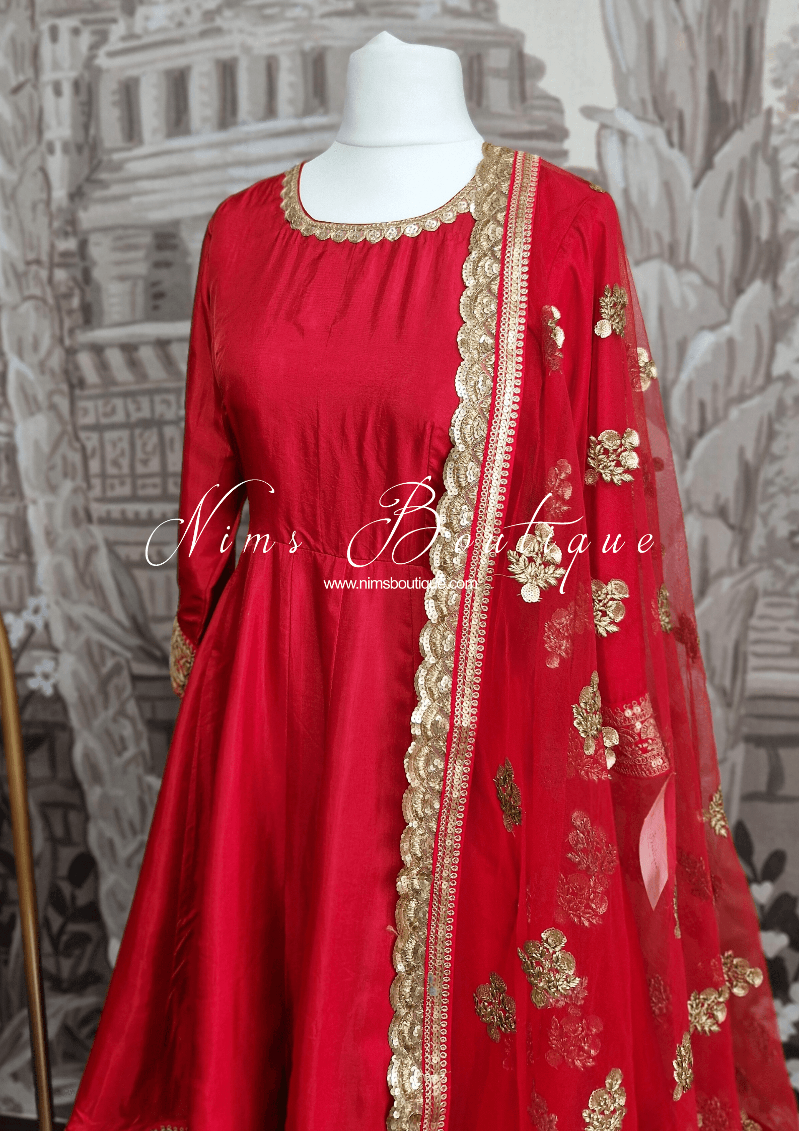 Nims Boutique Rashmi Luxury Red Silk Anarkali Suit with Pajami Sizes 4-16