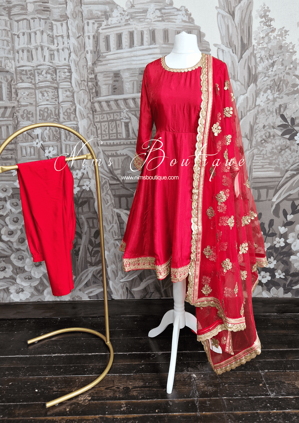 Nims Boutique Rashmi Luxury Red Silk Anarkali Suit with Pajami Sizes 4-16