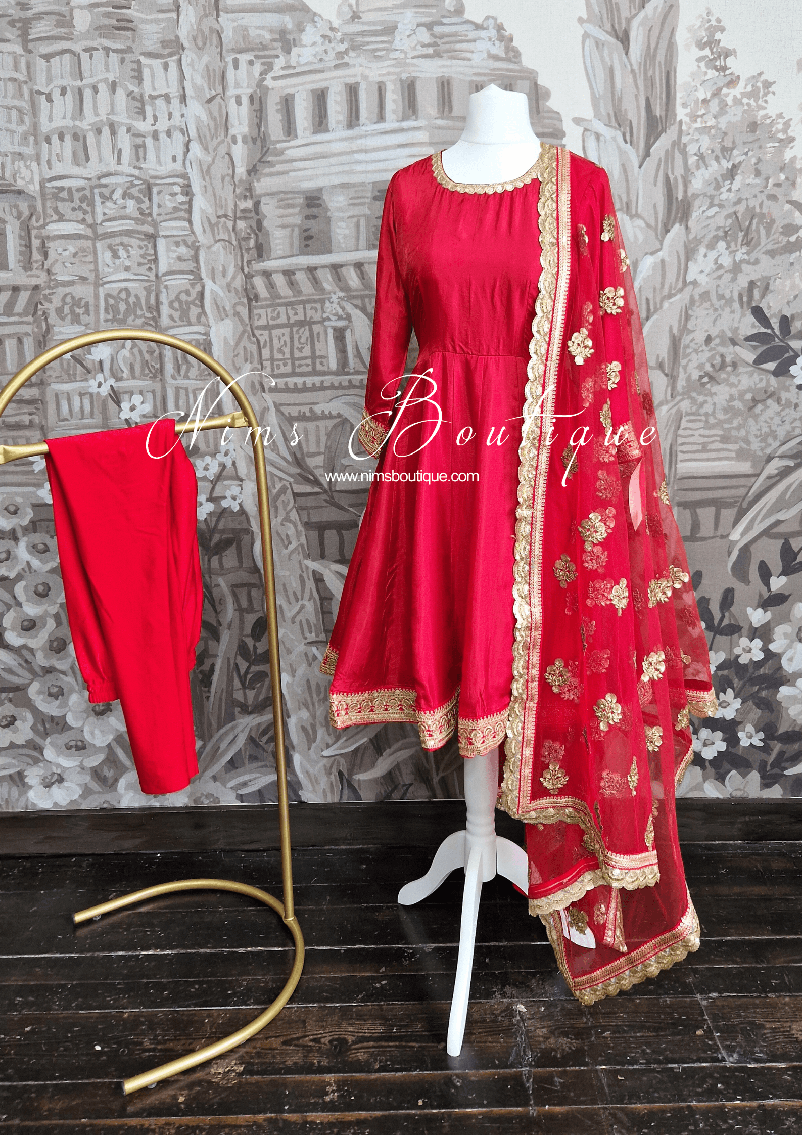Nims Boutique Rashmi Luxury Red Silk Anarkali Suit with Pajami Sizes 4-16
