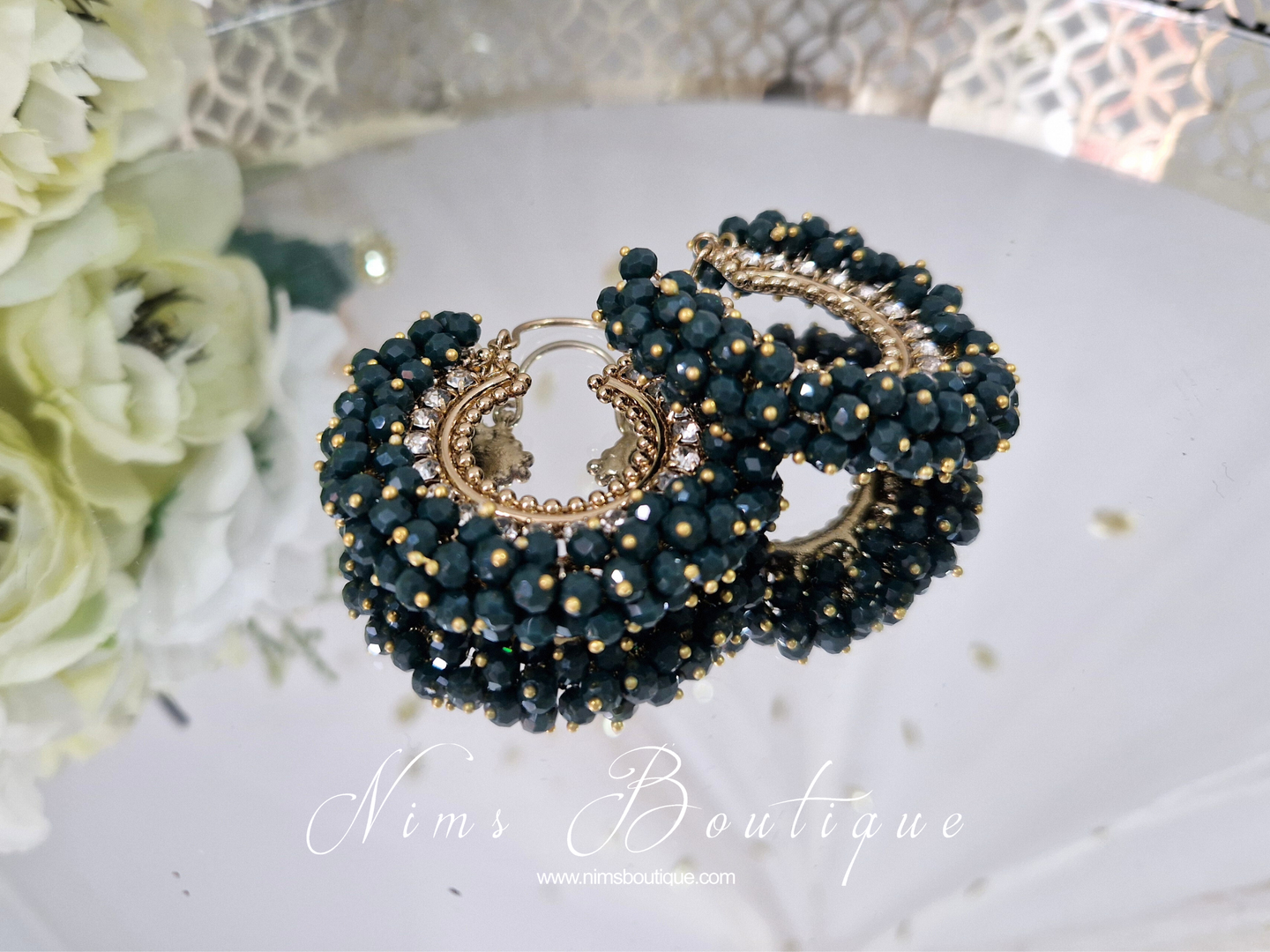 Nims Boutique Meghna Royal Dark Green Cluster Hoop Earrings