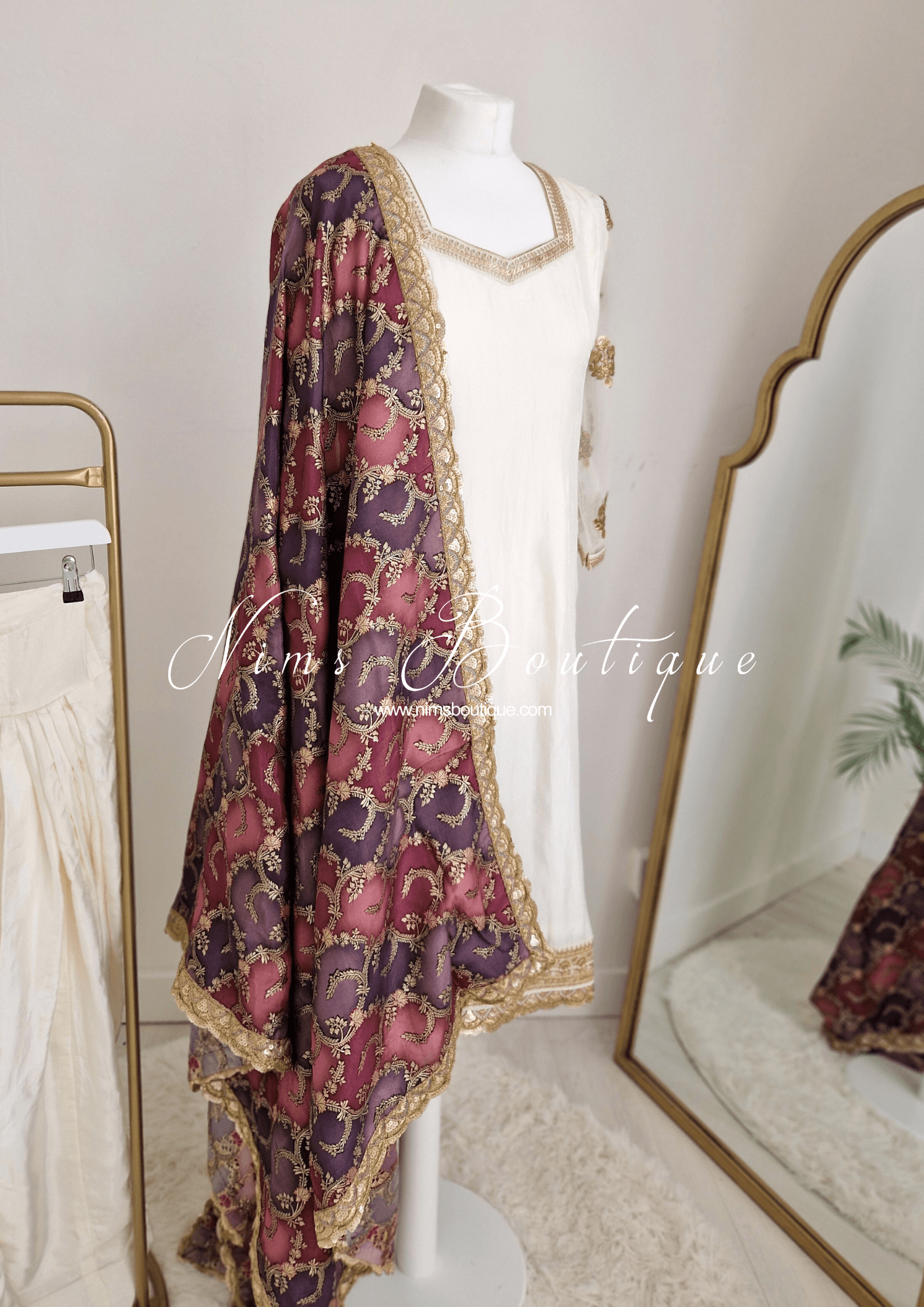 Nims Boutique The NB Classic Long Sleeved Ivory Silk & Multicolour Salwar Suit 8-20