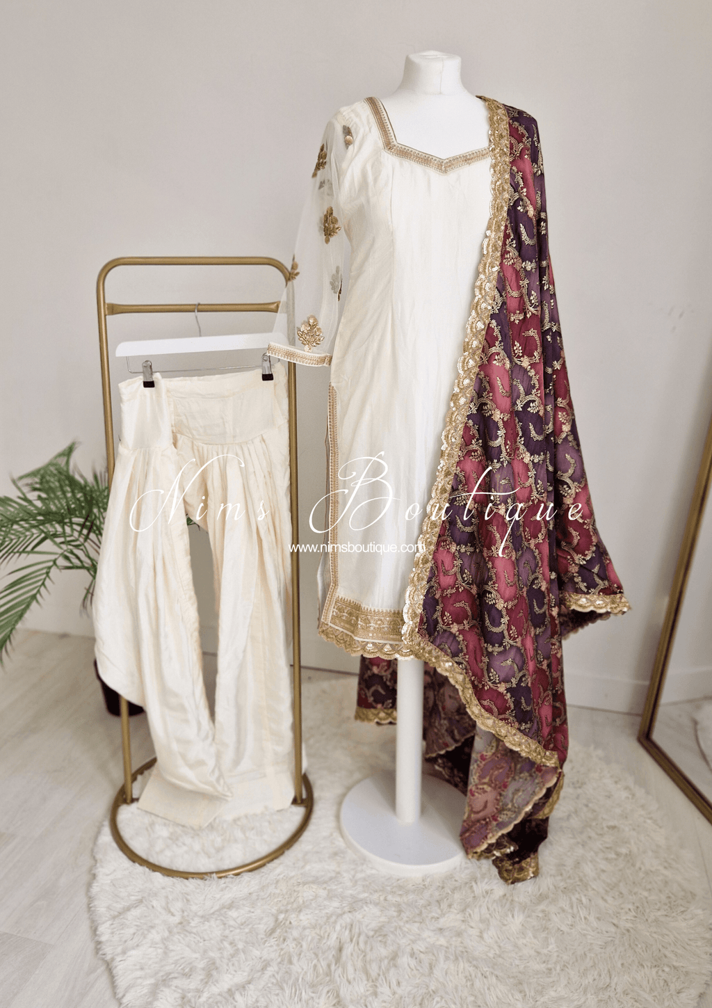 Nims Boutique The NB Classic Long Sleeved Ivory Silk & Multicolour Salwar Suit 8-20
