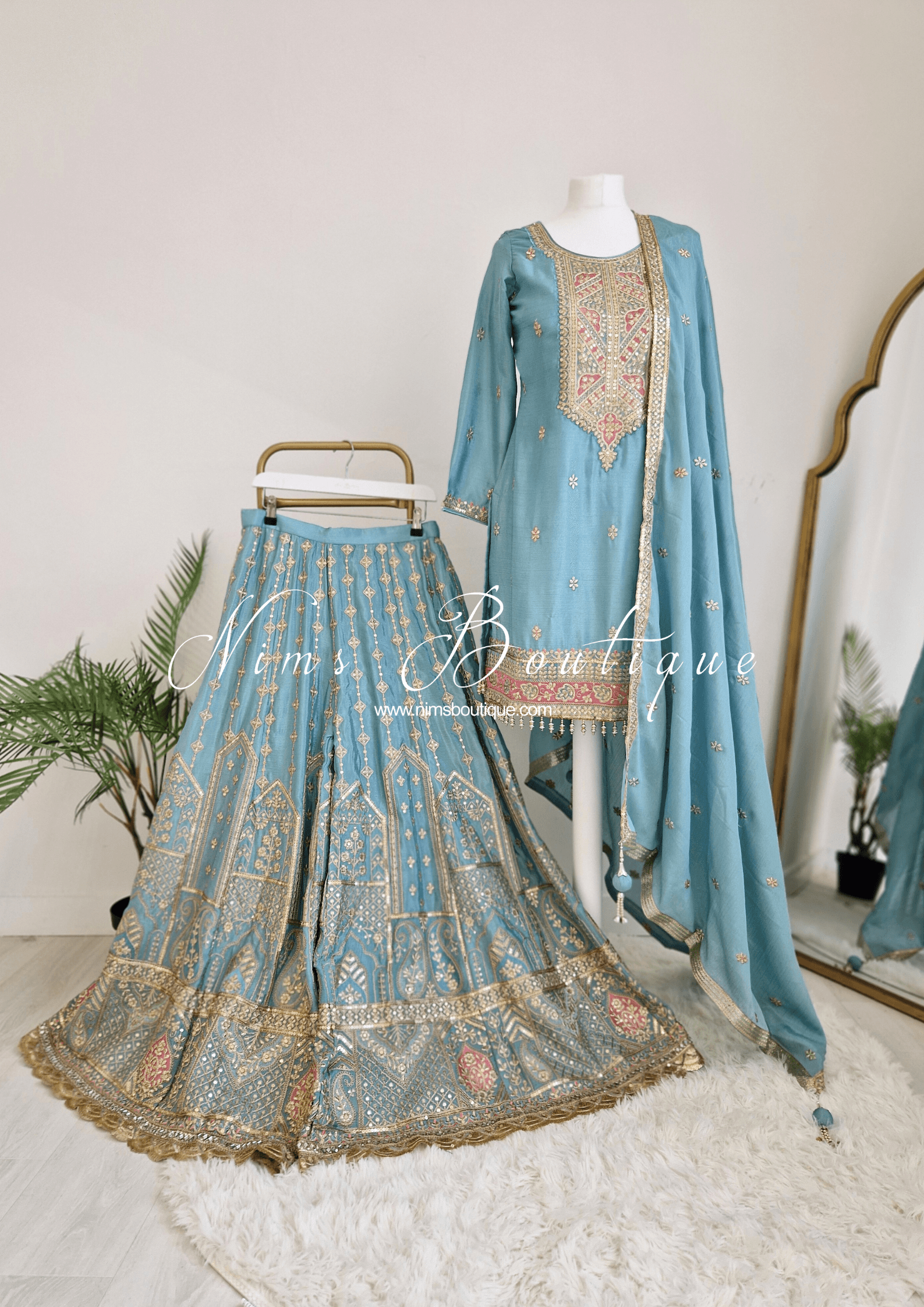 Nims Boutique Luxury Powder Blue Embroidered Sharara Suit Size 12-14