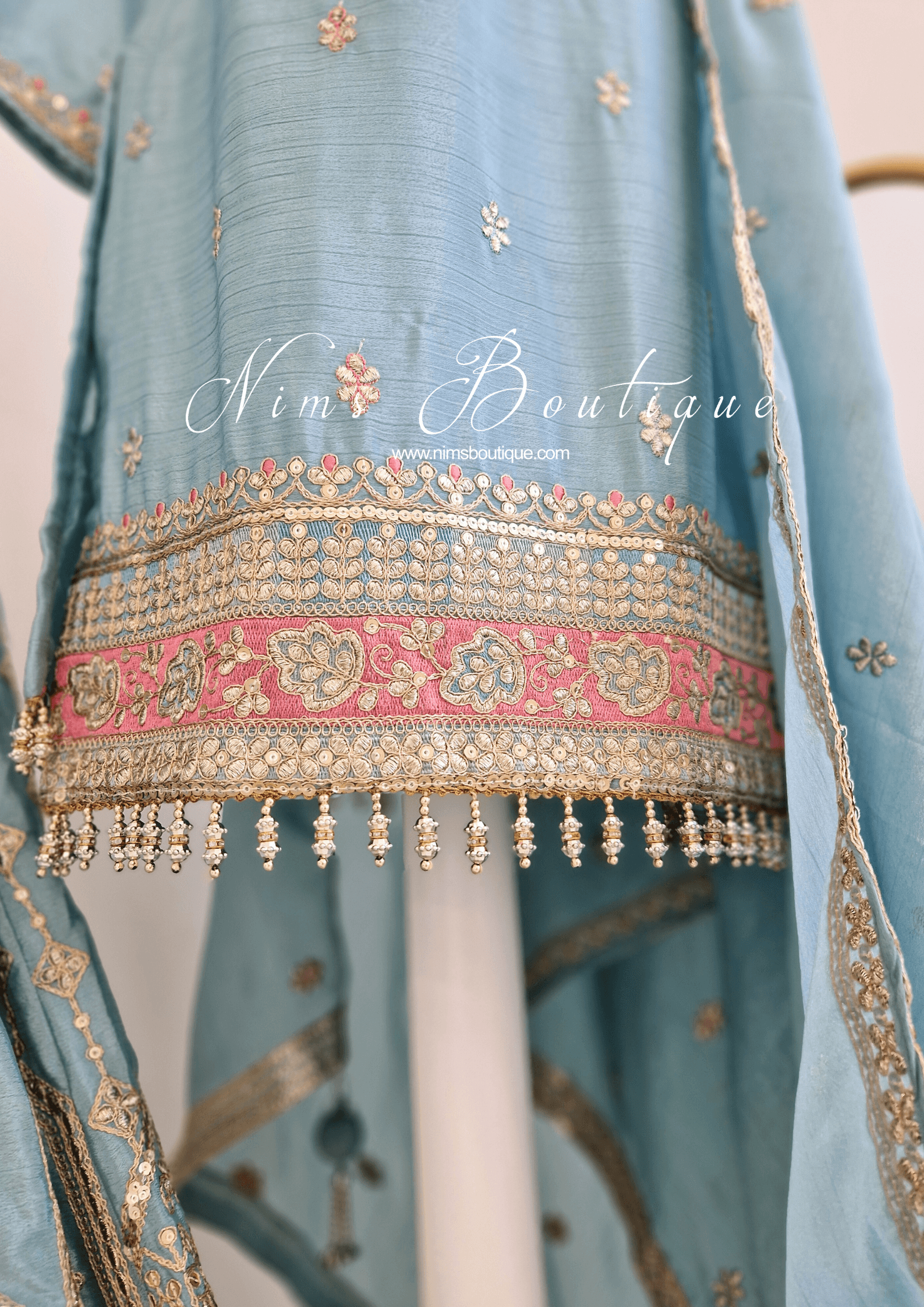 Nims Boutique Luxury Powder Blue Embroidered Sharara Suit Size 12-14