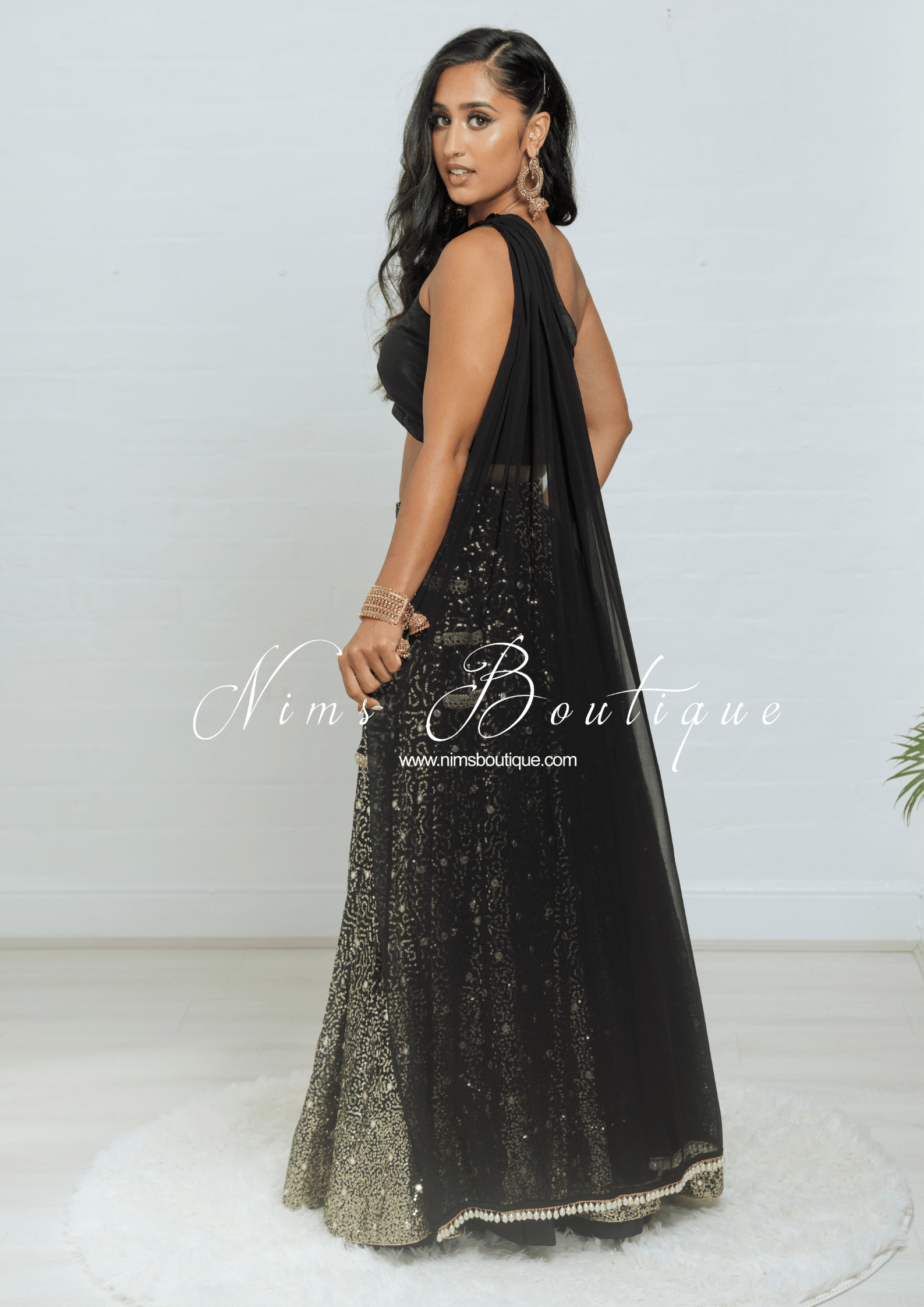Nims Boutique Arya Black Luxury One Shoulder & Dupatta blouse 6-18