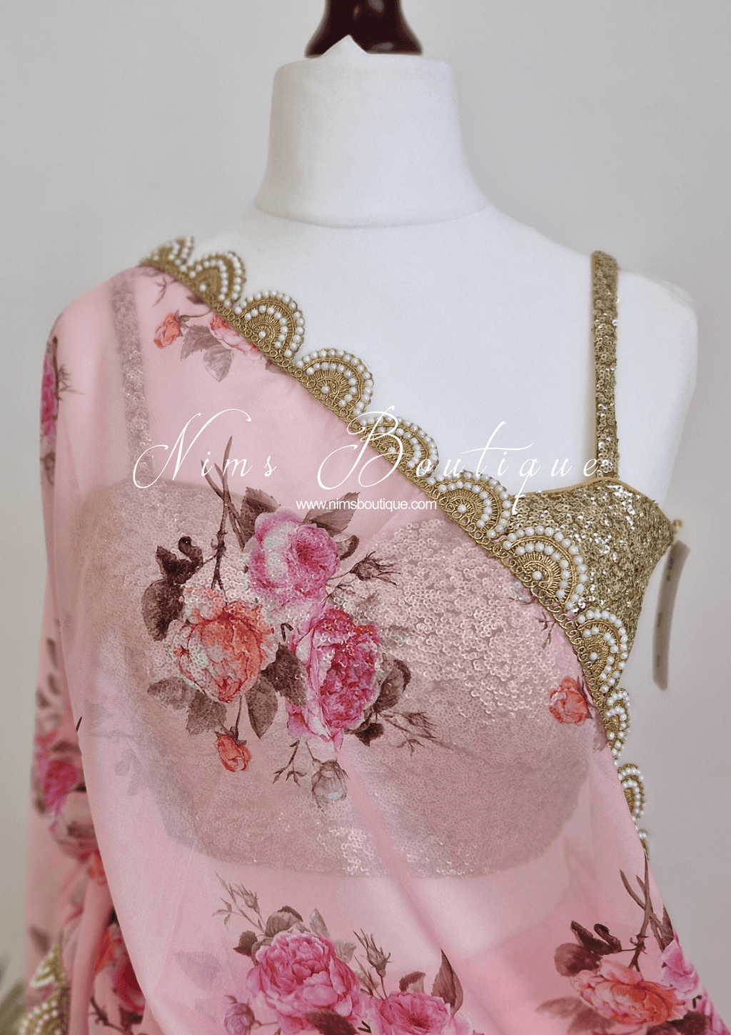 Nims Boutique Luxury Peach Organza Floral Dupatta/Chunni with Pearl Edging