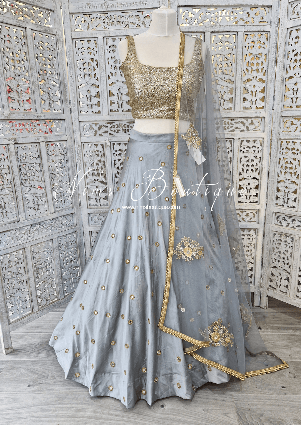 Nims Boutique Grey Net Pearl Embellished Dupatta/Chunni with Gold Bead Edging GB1