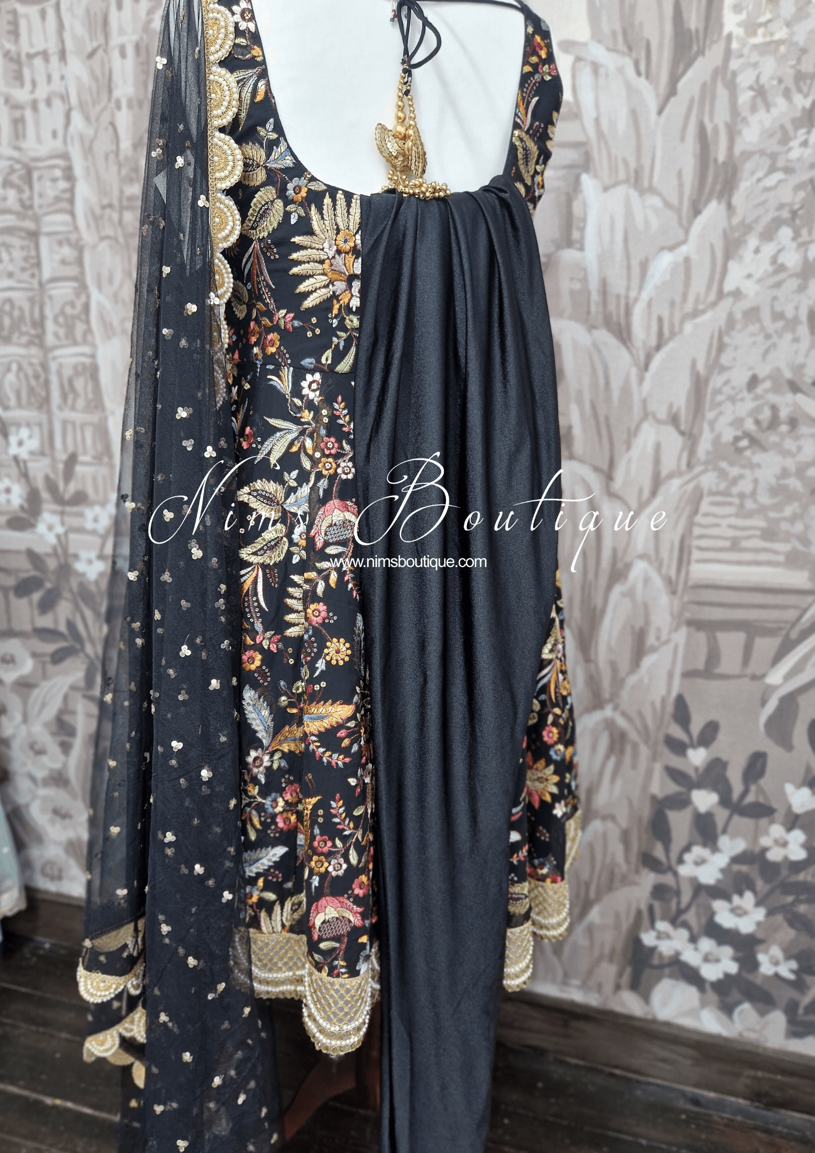 Nims Boutique Sarika Luxury Black & Multicolour Anarkali Suit with Pajami sizes 12-22