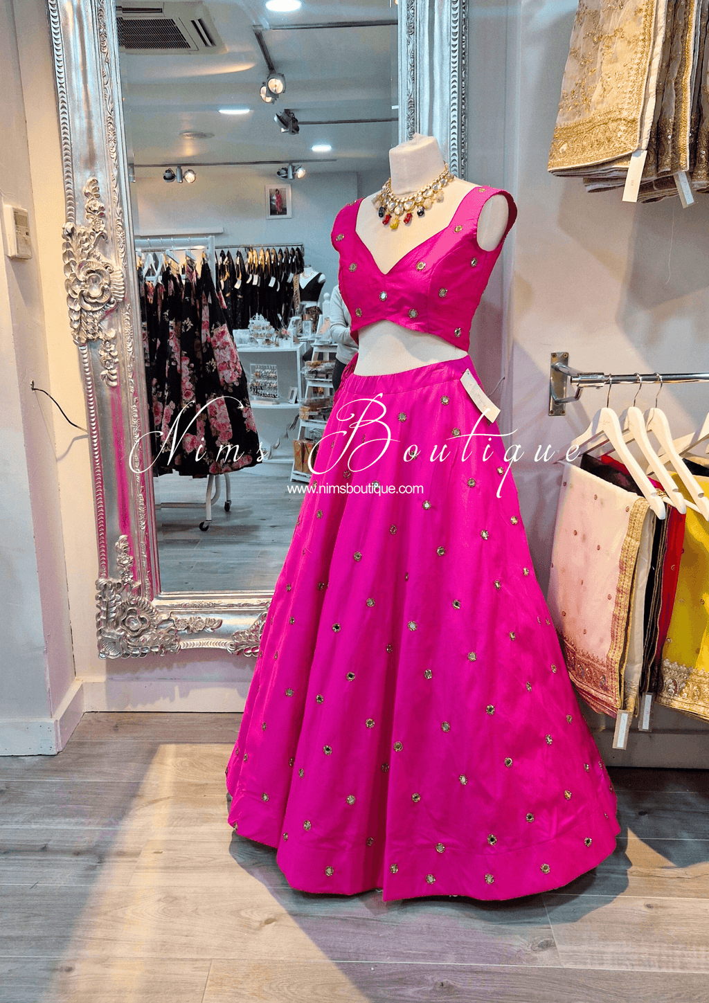 Nims Boutique Rani Luxury Hot Pink Mirror readymade skirt/lehnga sizes 4-22