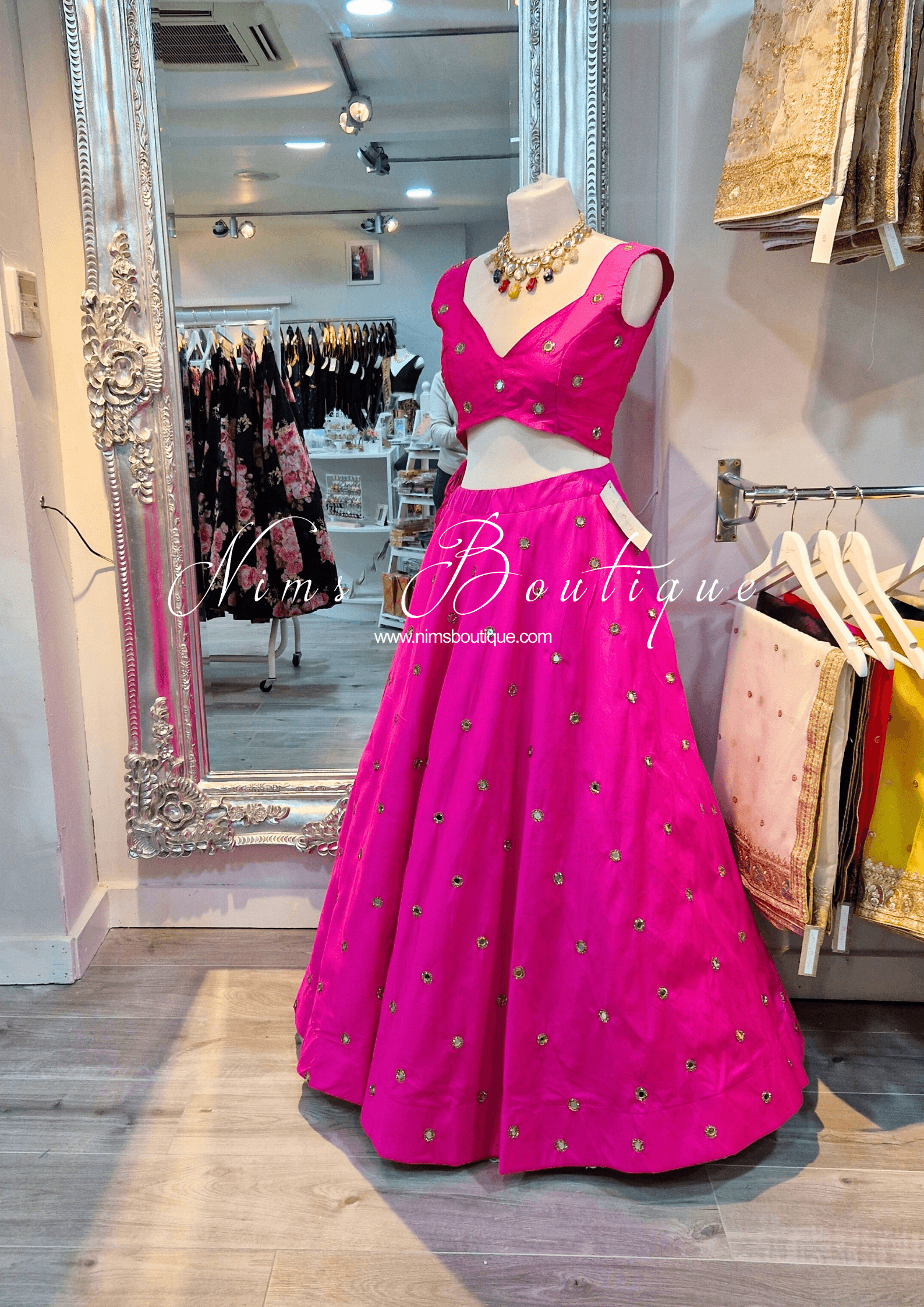 Nims Boutique Rani Luxury Hot Pink Mirror readymade skirt/lehnga sizes 4-22