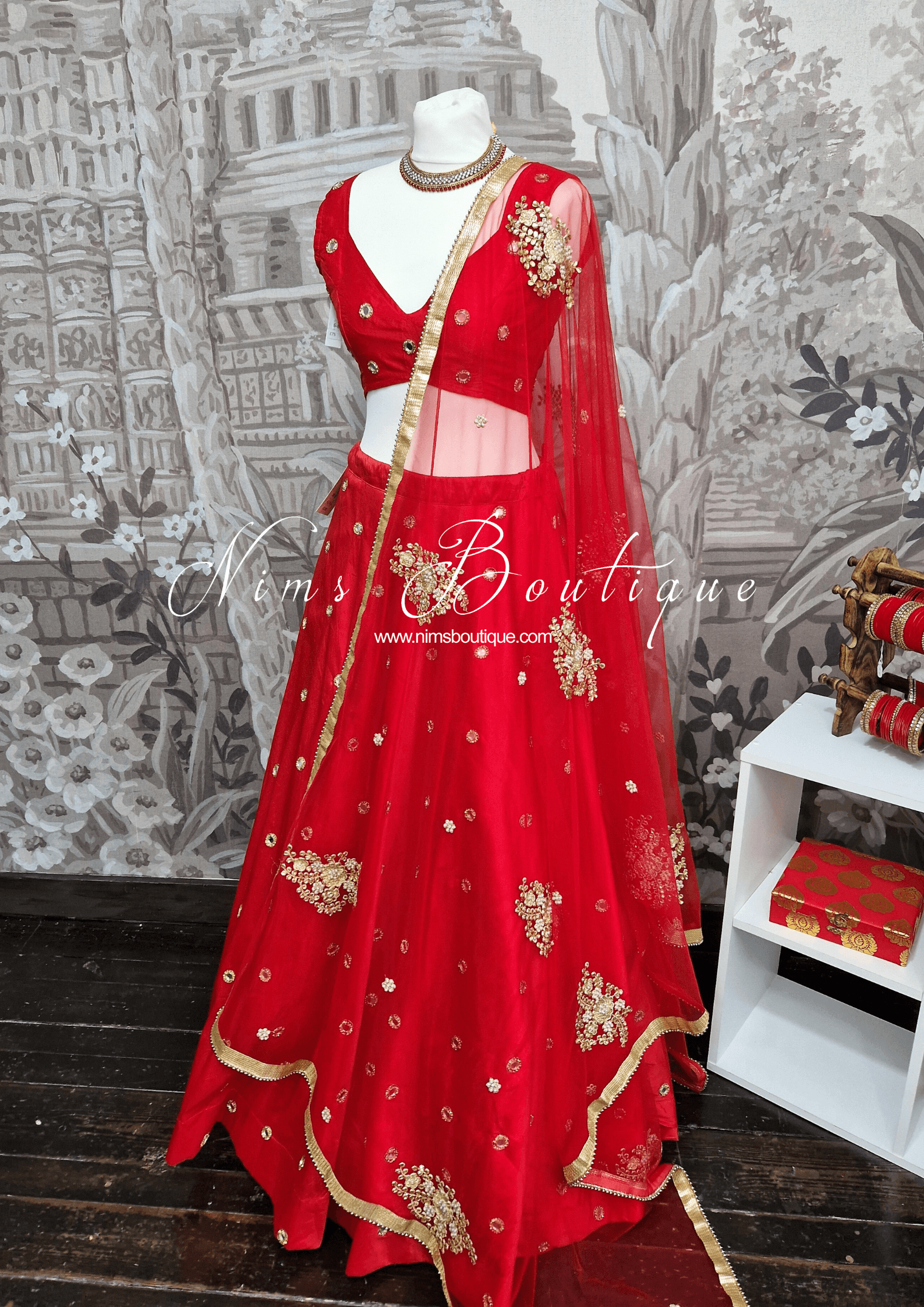 Nims Boutique Red Net Pearl Embellished Dupatta/Chunni NP1