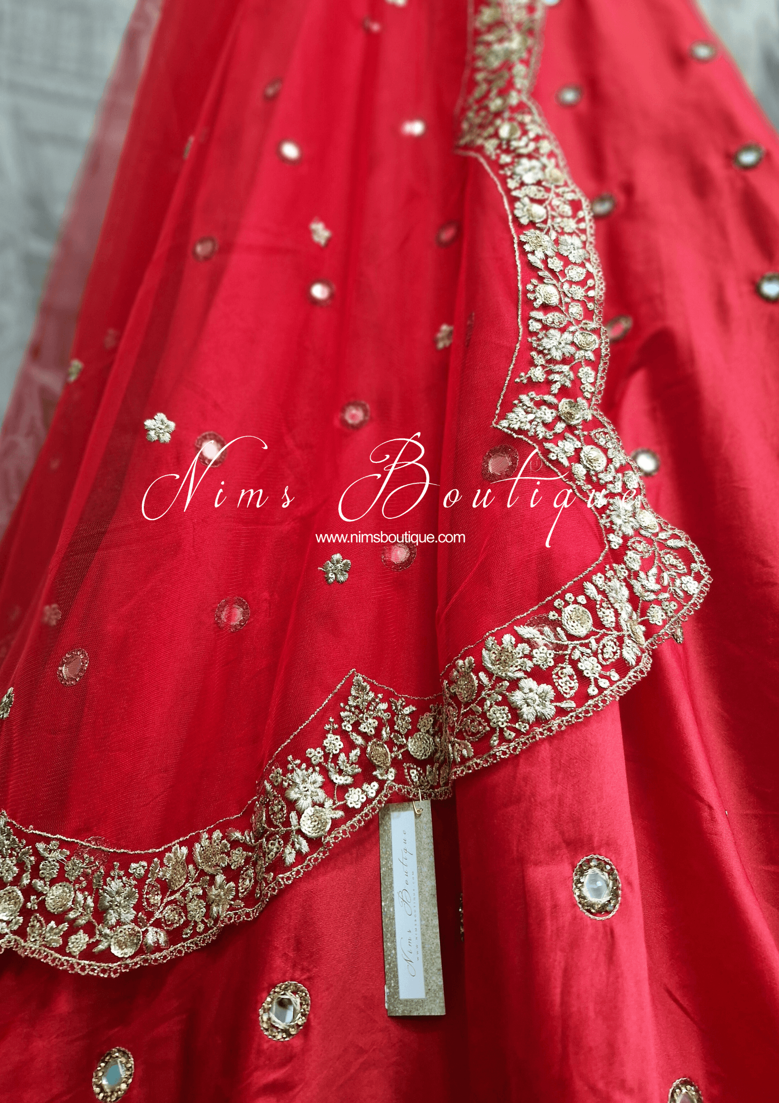 Nims Boutique Luxury Red Net Sequin Scallop Edge Dupatta/Chunni SE2