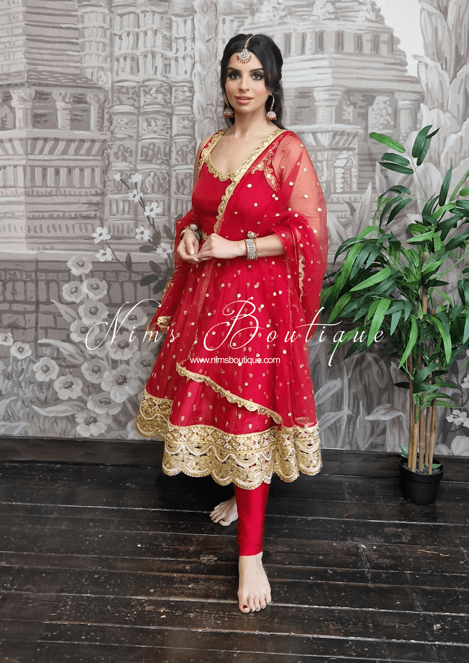 Nims Boutique The NB Luxury Red Silk Anarkali with Pajami size 4-12