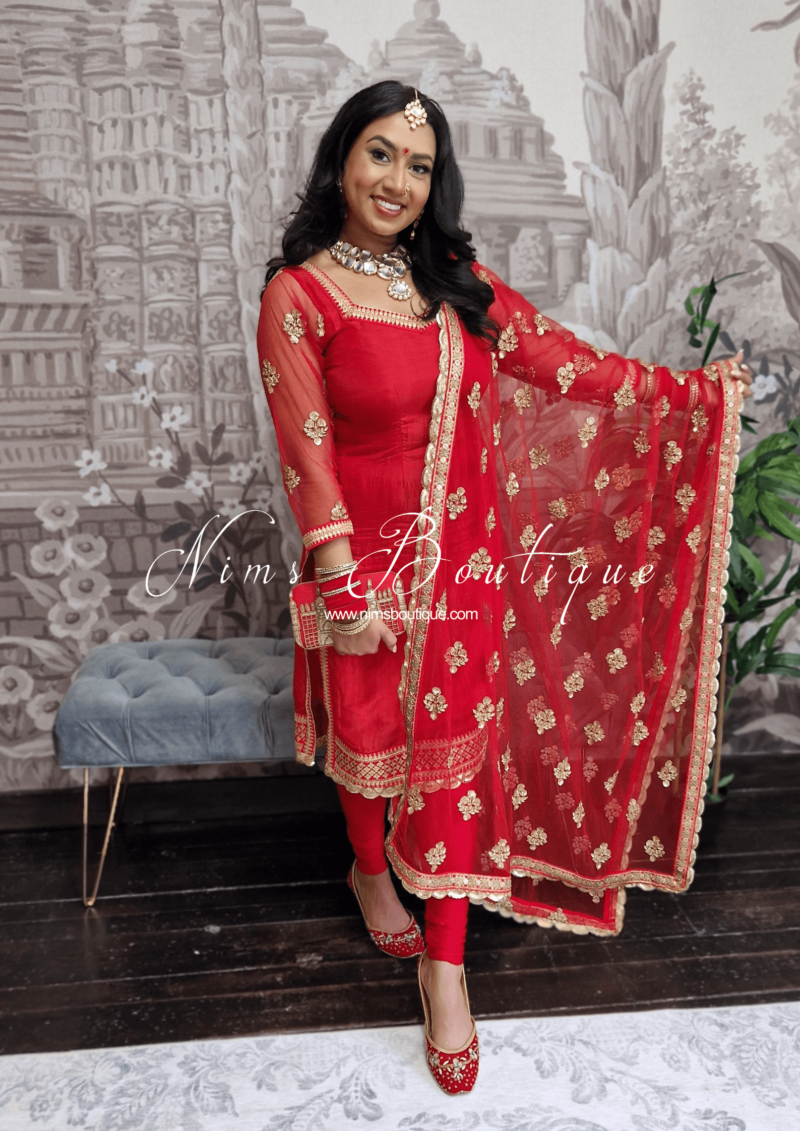 Nims Boutique The NB Classic Long Sleeved Red Silk Pajami Suit sizes 4 to 18