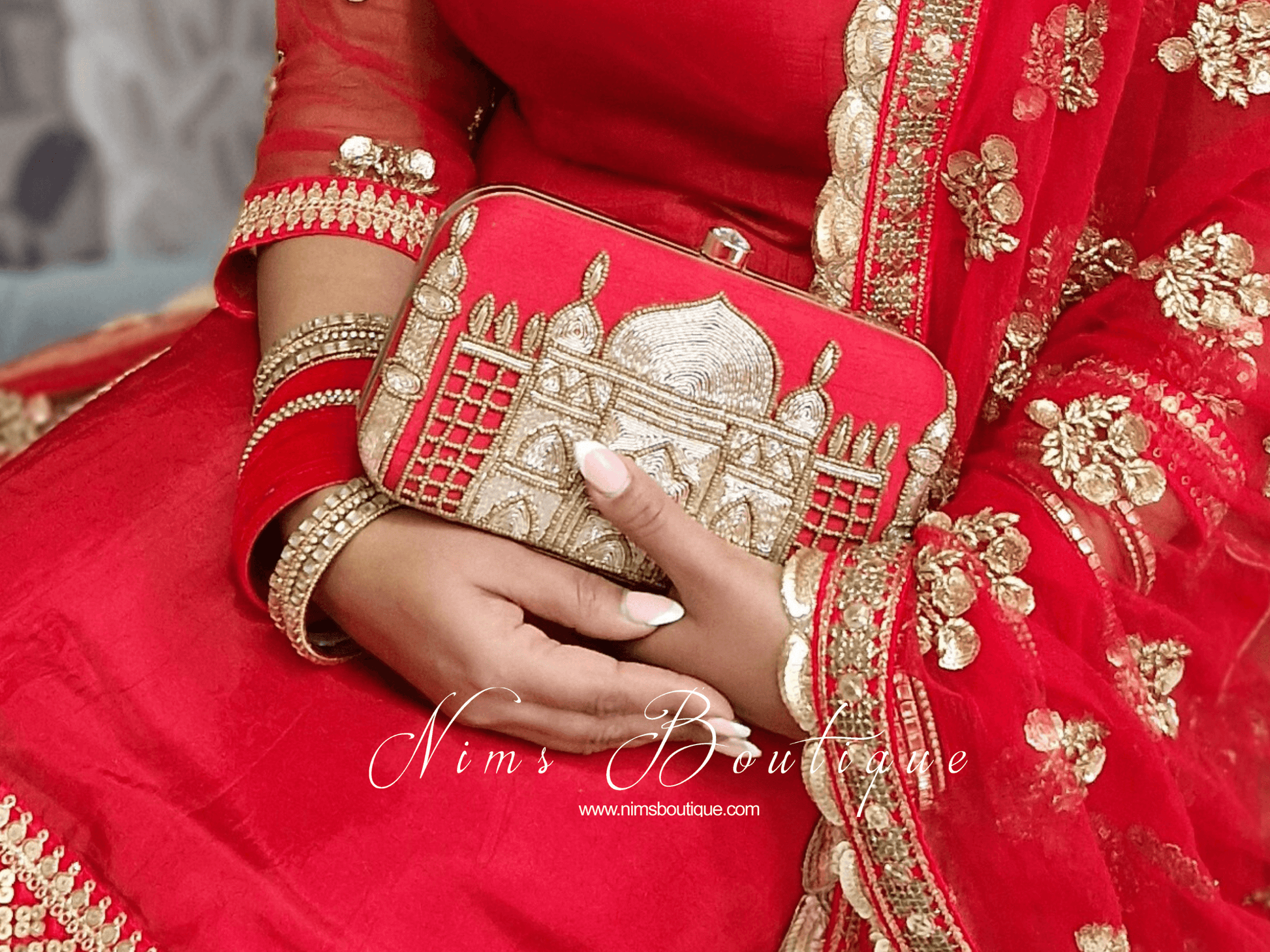 Nims Boutique Taj Red Raw Silk Clutch Bag
