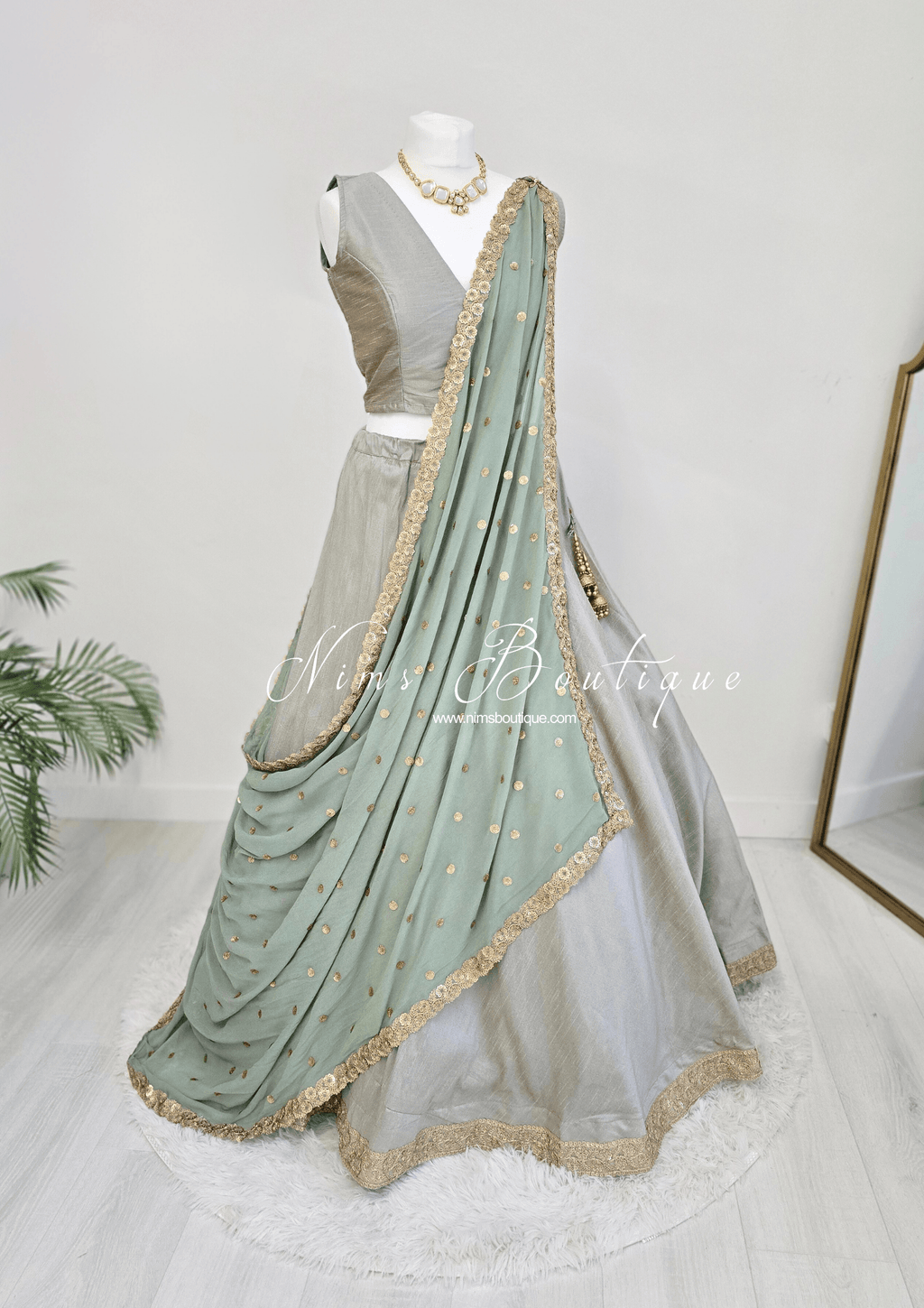 Nims Boutique Ria Luxury Sage Green Georgette Dupatta/Chunni