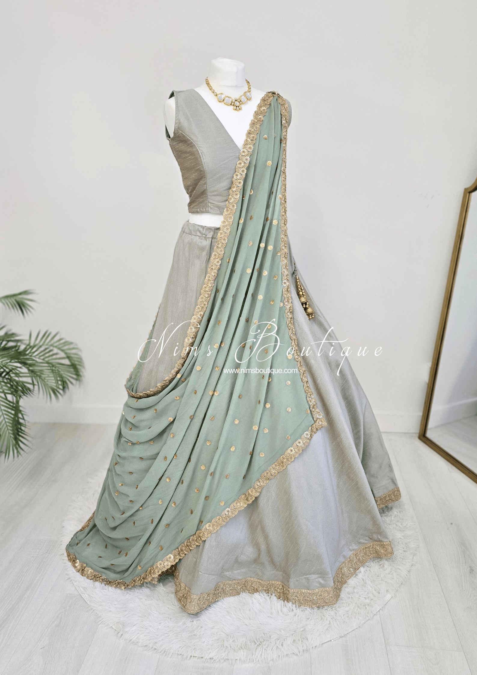 Nims Boutique Ria Luxury Sage Green Georgette Dupatta/Chunni