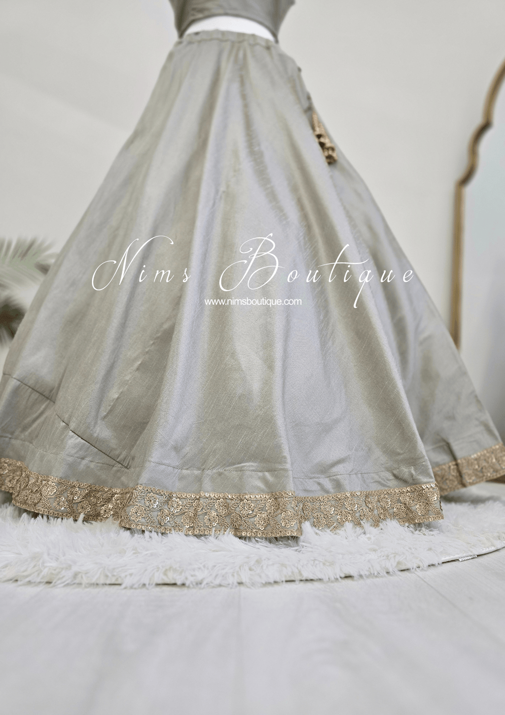 Nims Boutique Saloni Readymade Sage Grey Raw Silk skirt/lehnga sizes 4-24