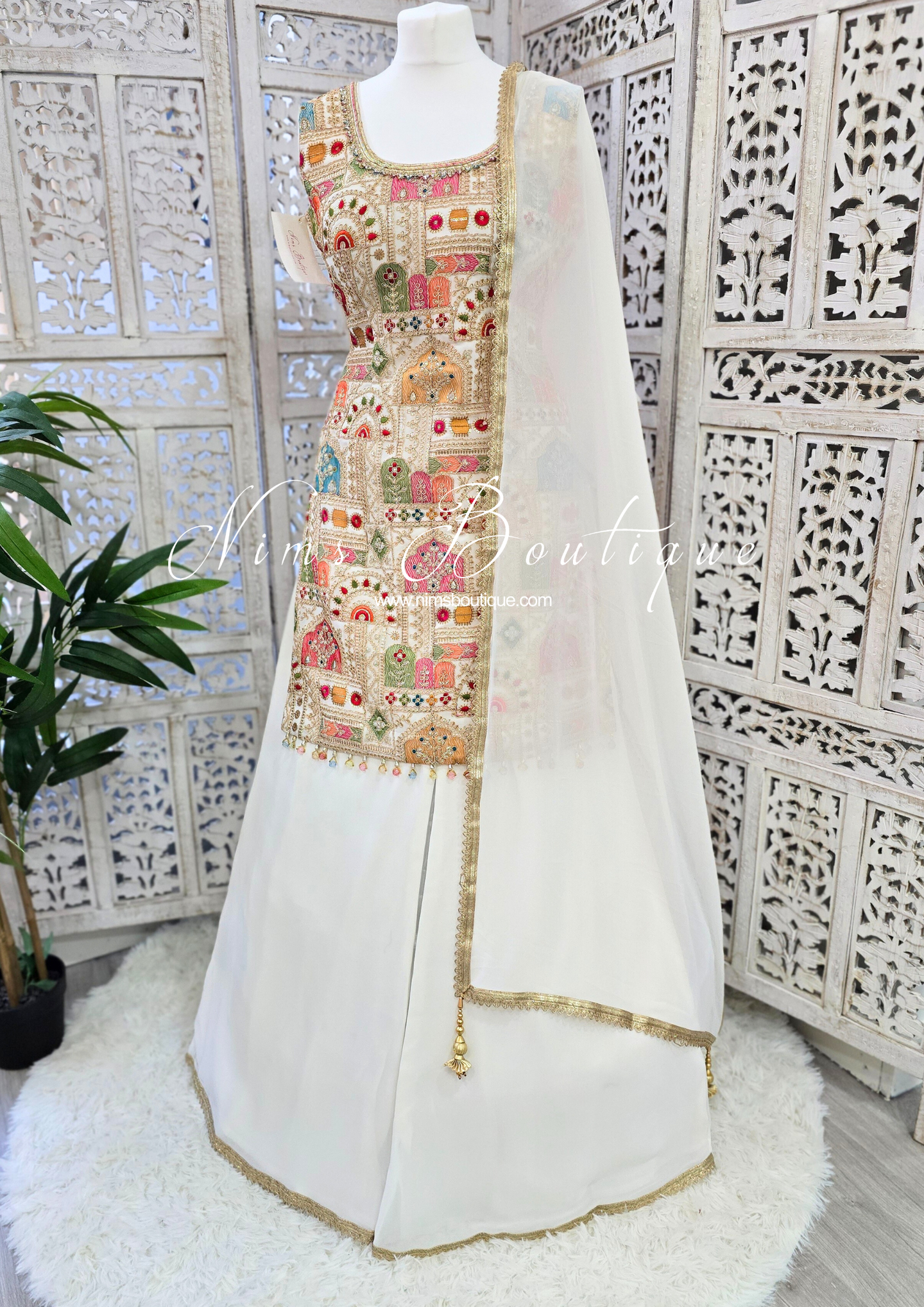 Ivory Multicolour Embroidered Sharara Suit (Size 12-14)