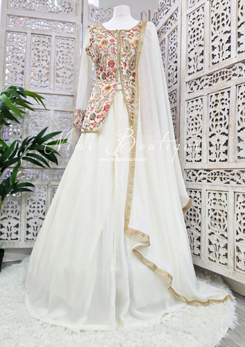 Ivory Multicolour Embroidered Jacket Sharara Suit (Size 10-12)