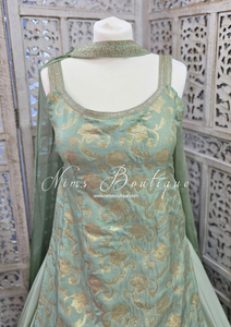 Nims Boutique Mint Brocade Sharara Suit 10-12