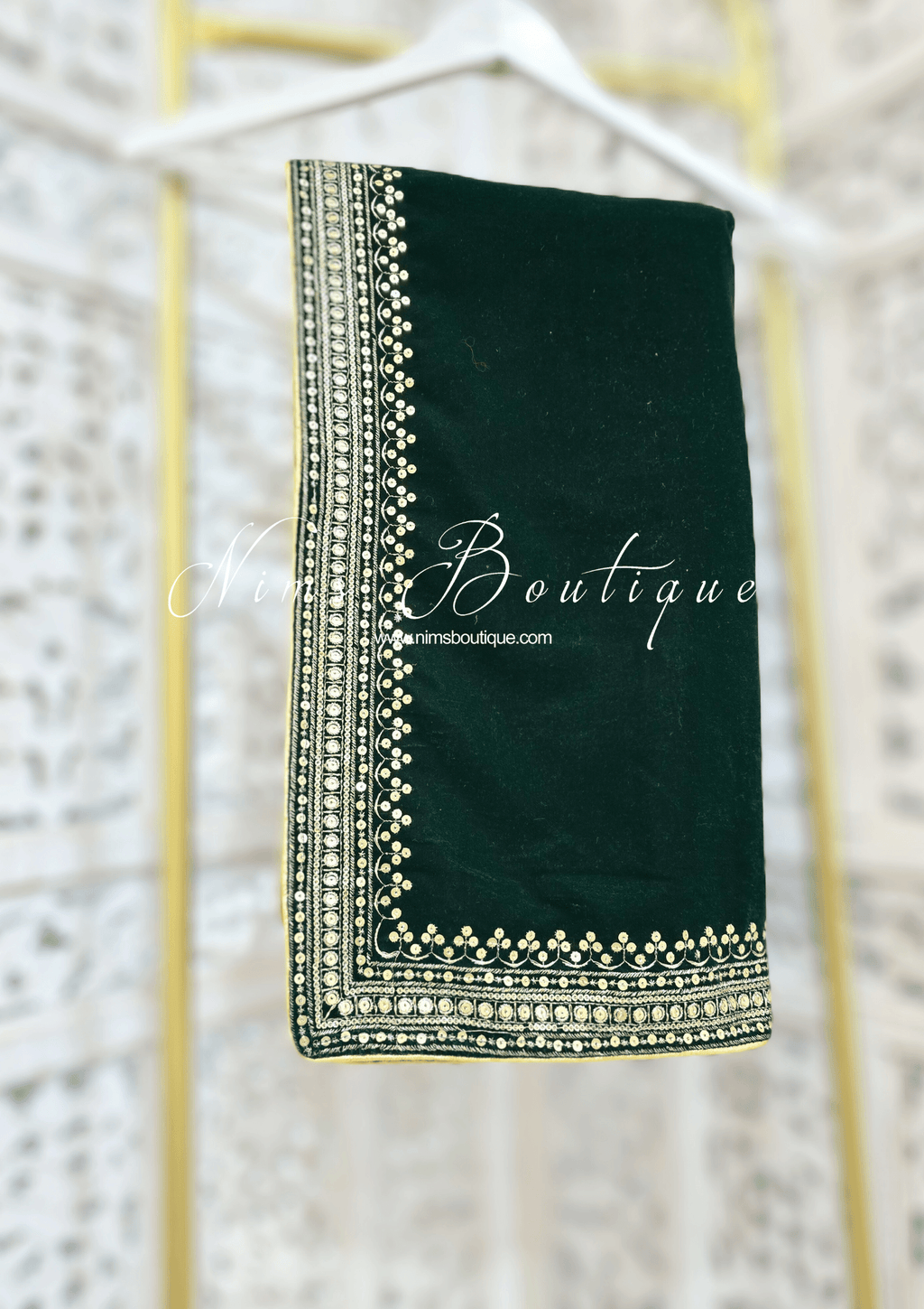 Nims Boutique Luxury Dark Green Velvet Embroidered Shawl