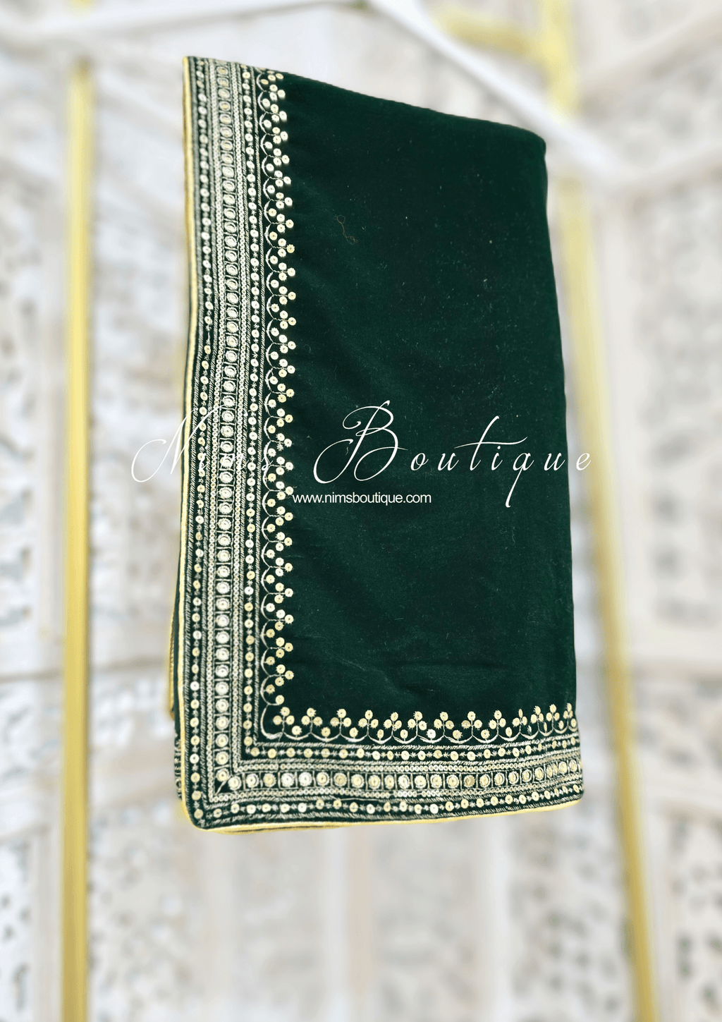 Nims Boutique Luxury Dark Green Velvet Embroidered Shawl