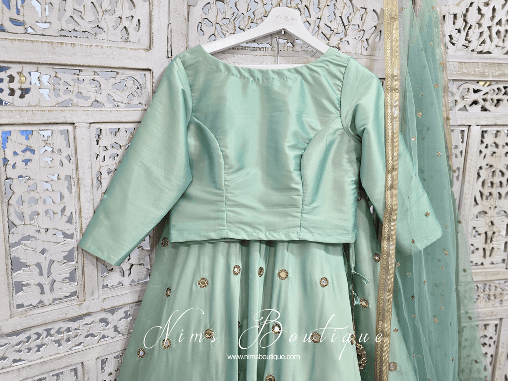 Nims Boutique Mint Silk High Neck Blouse with sleeves 4-20