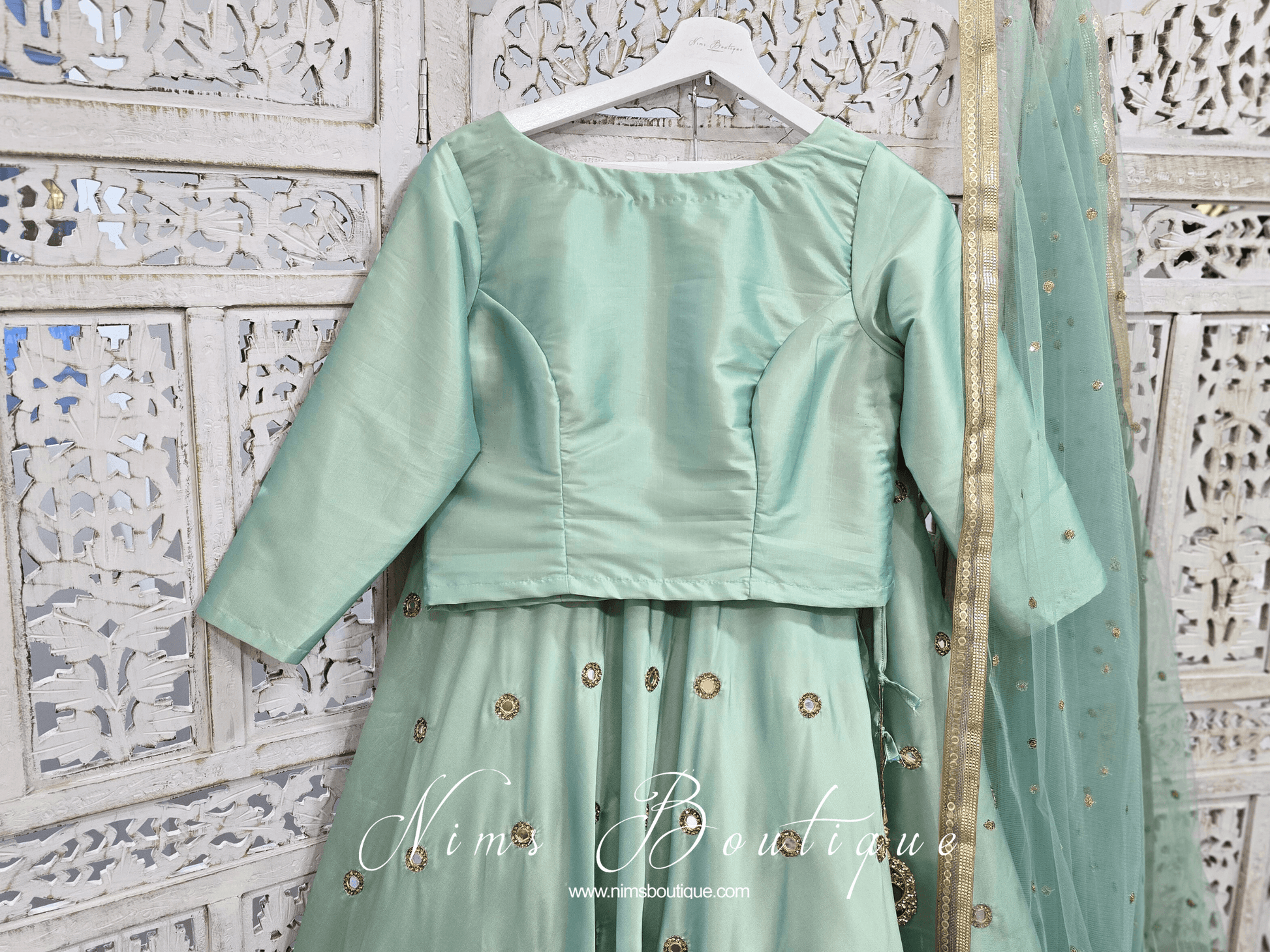 Nims Boutique Mint Silk High Neck Blouse with sleeves 4-20