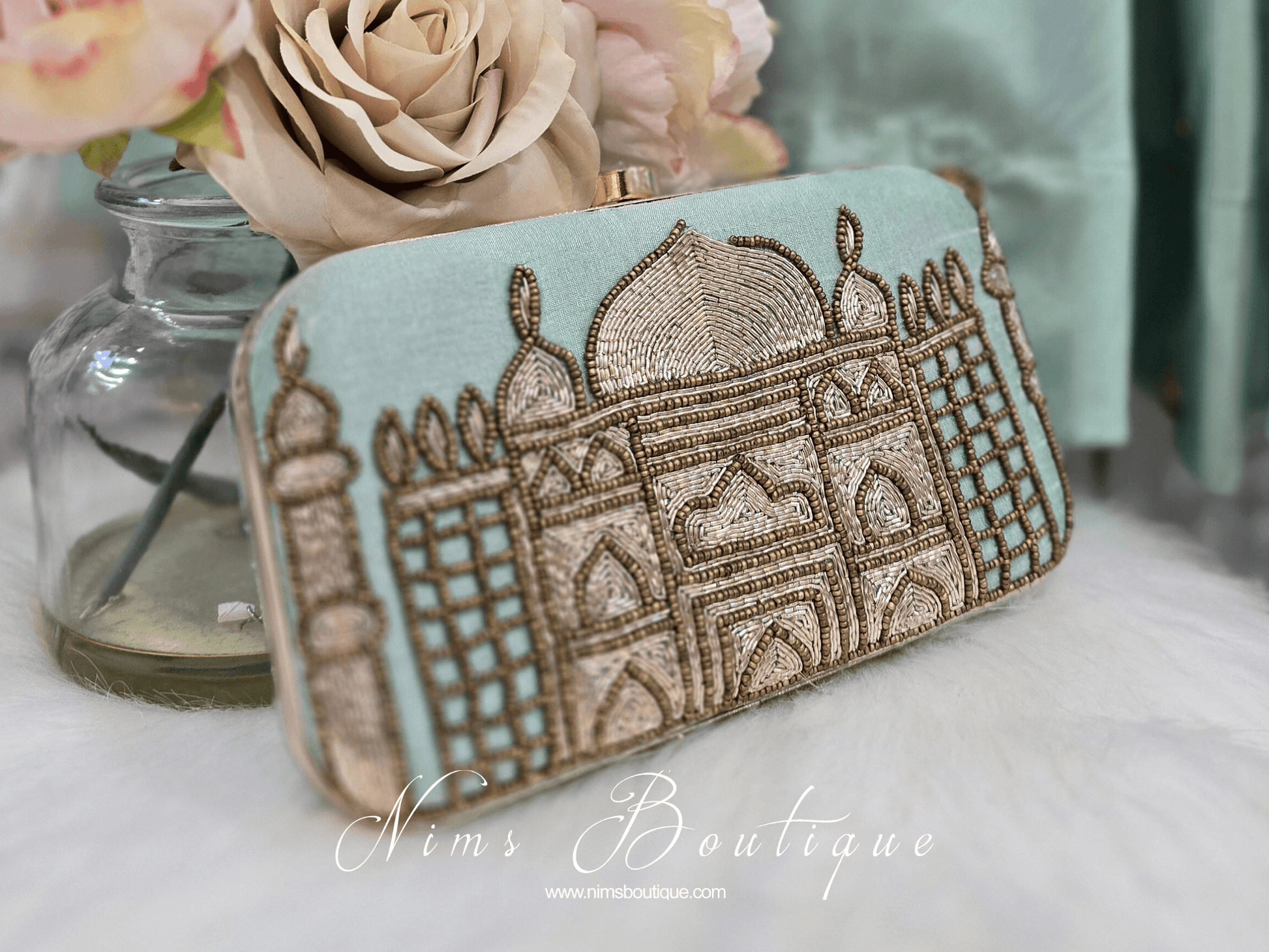 Nims Boutique Taj Mint Raw Silk Clutch Bag